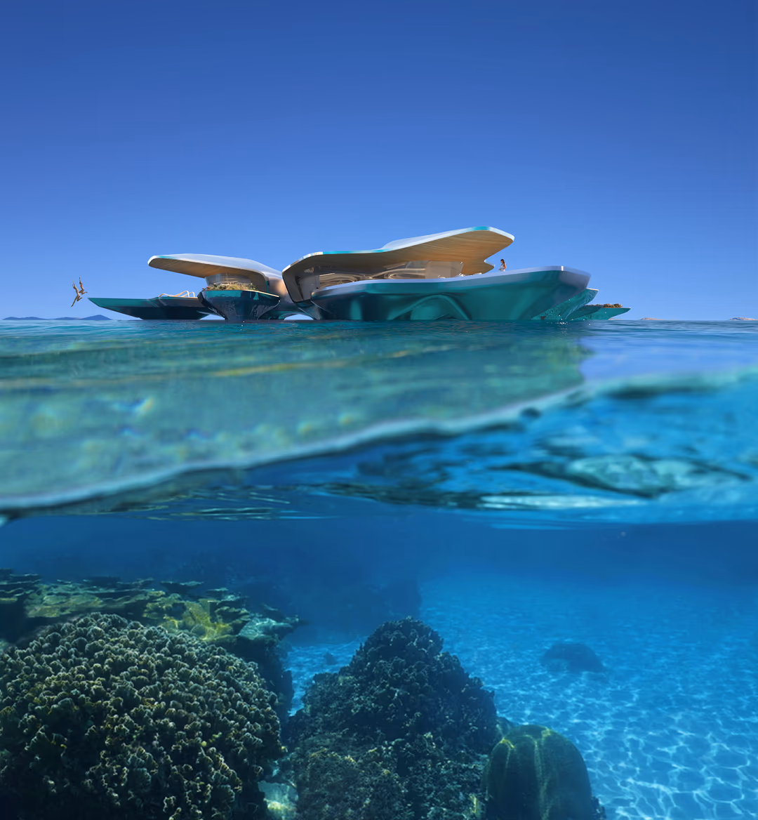 Architectural visualization for Grankraft, showcasing the Dbom Island Resort’s innovative overwater design. The split-perspective view highlights the seamless integration of the resort’s futuristic structure with the marine ecosystem, featuring vibrant coral reefs below. A high-end render emphasizing luxury, sustainability, and cutting-edge resort architecture.