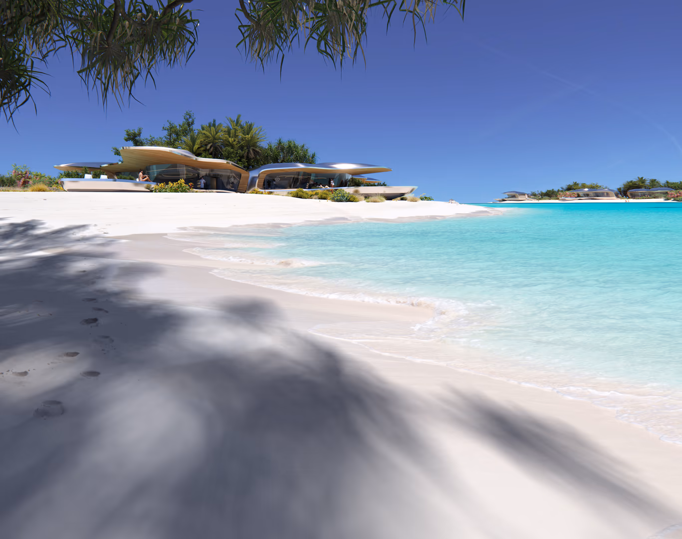 3D architectural visualization by HISM of luxury beachfront villas at Mangrove Resort in Saudi Arabia, designed by DBOM² — featuring pristine white sand, turquoise waters, and seamless coastal integration for high-end resort development.

