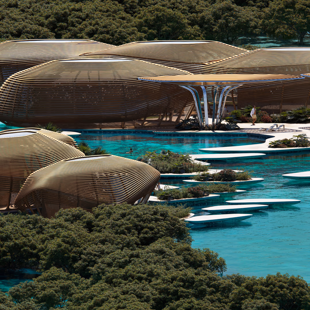 3D architectural visualization by HISM of Mangrove Resort in Saudi Arabia, designed by DBOM² — featuring organically shaped wooden villas over turquoise waters, created for sustainable coastal resort development.
