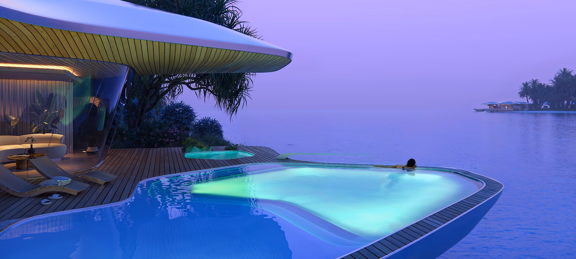 Aerial 3D architectural visualization by HISM of floating villas at Mangrove Resort in Saudi Arabia, designed by DBOM² — showcasing sunset views, tranquil seascapes, and exclusive overwater hospitality for luxury resort development.