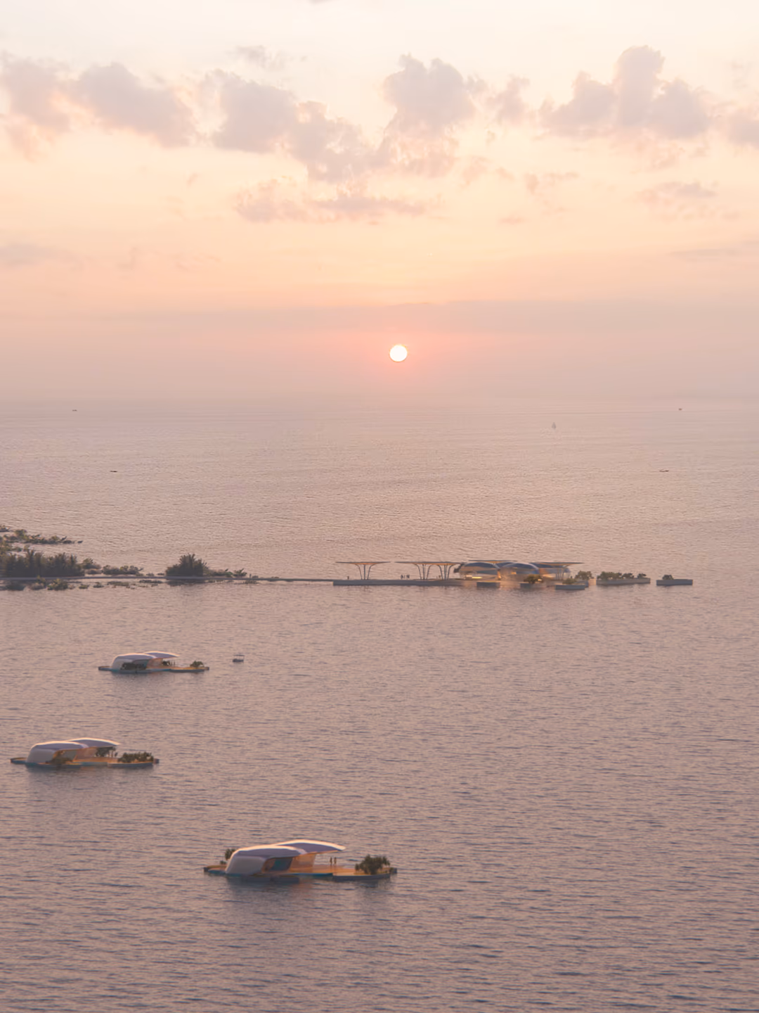 Aerial 3D architectural visualization by HISM of floating villas at Mangrove Resort in Saudi Arabia, designed by DBOM² — showcasing sunset views, tranquil seascapes, and exclusive overwater hospitality for luxury resort development.