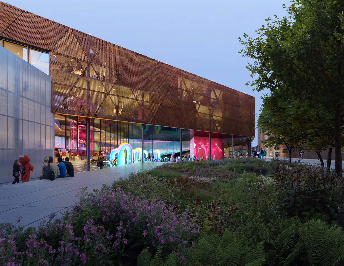 Evening 3D architectural visualization by HISM of a cultural center in Belfast, Ireland, designed by OMA — featuring a perforated metal façade, glowing interior lighting, and landscaped public space for civic and cultural development.

