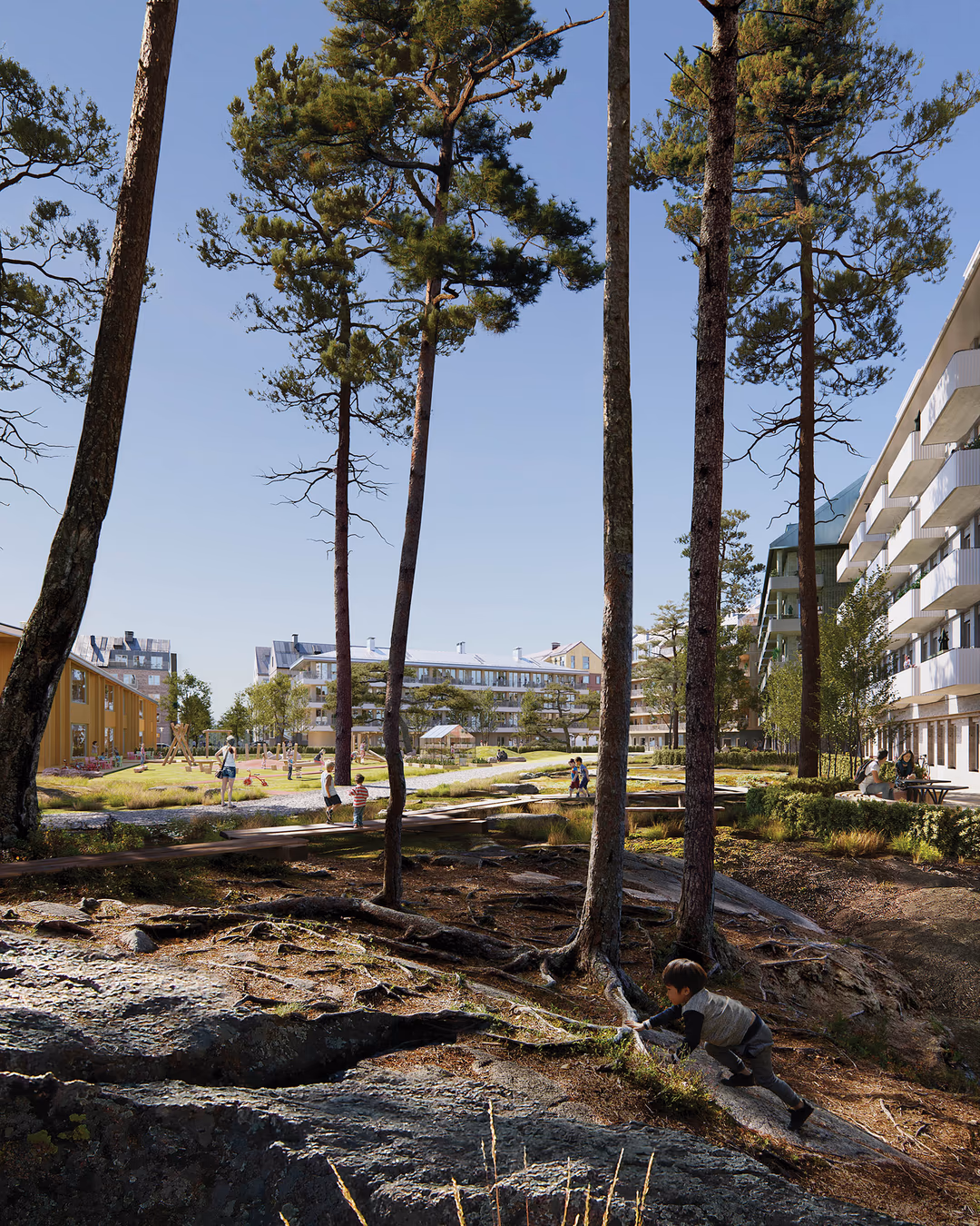 3D architectural visualization by HISM of a sustainable residential complex in Sweden by Arkitema, seamlessly integrated with forest landscapes — created for architects and developers of eco-friendly, community-focused urban living.
