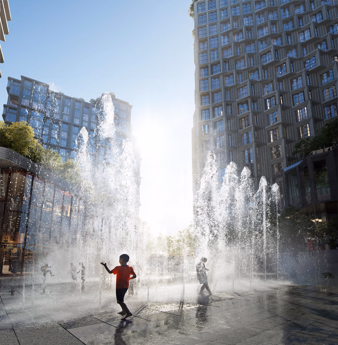 Architectural visualization of The Parkside development in Seoul, featuring a lively public square with interactive fountains, high-rise residential buildings, and vibrant community spaces — designed for developers and architects focused on human-centered urban environments.