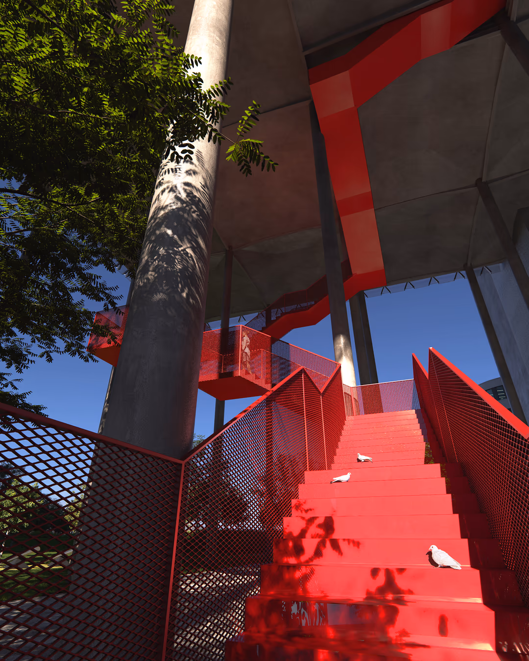 Architectural detail visualization by HISM of UniCredit Headquarters in Munich by OMA, featuring a bold red staircase with exposed concrete columns — created for architects and developers exploring expressive commercial design aesthetics.
