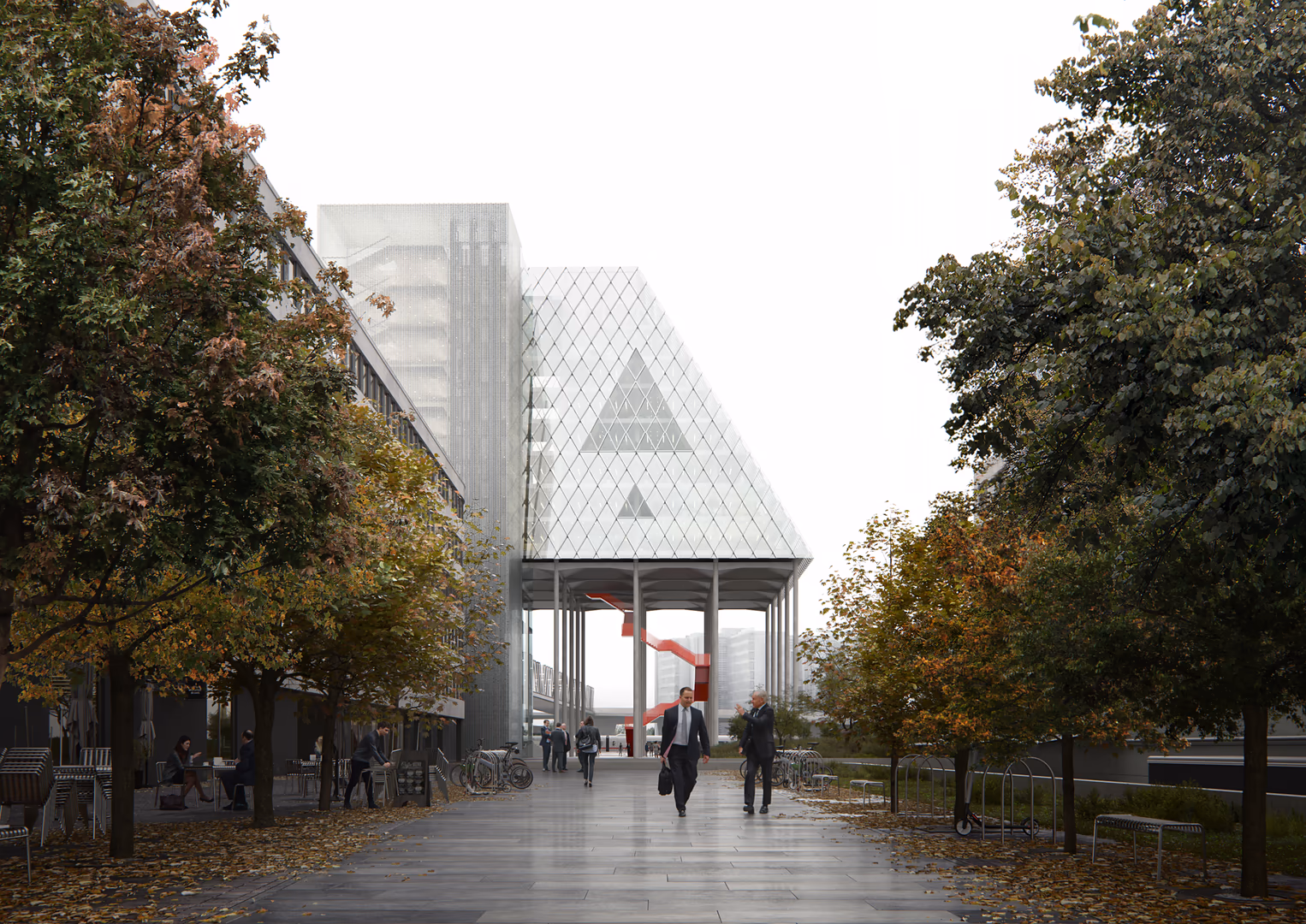 3D architectural visualization by HISM of the UniCredit Headquarters campus in Munich by OMA, showcasing a pyramidal glass roof, open public plaza, and landscaped integration — created for architects of contemporary office developments.
