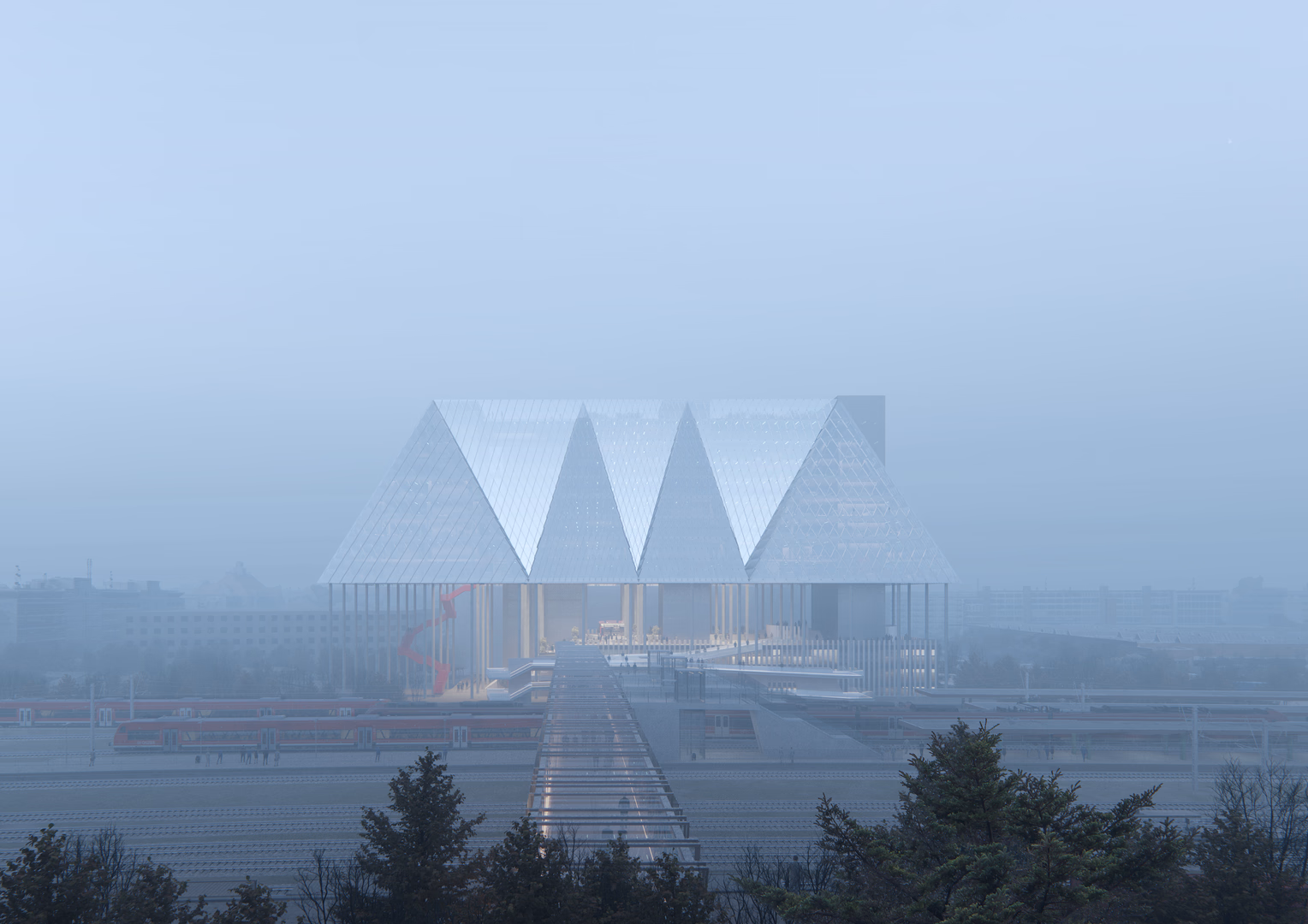 Exterior 3D architectural visualization by HISM of UniCredit Headquarters in Munich by OMA, featuring a foggy morning view with glass pyramidal roof structure above railway tracks — created for landmark corporate office developments in urban settings.

