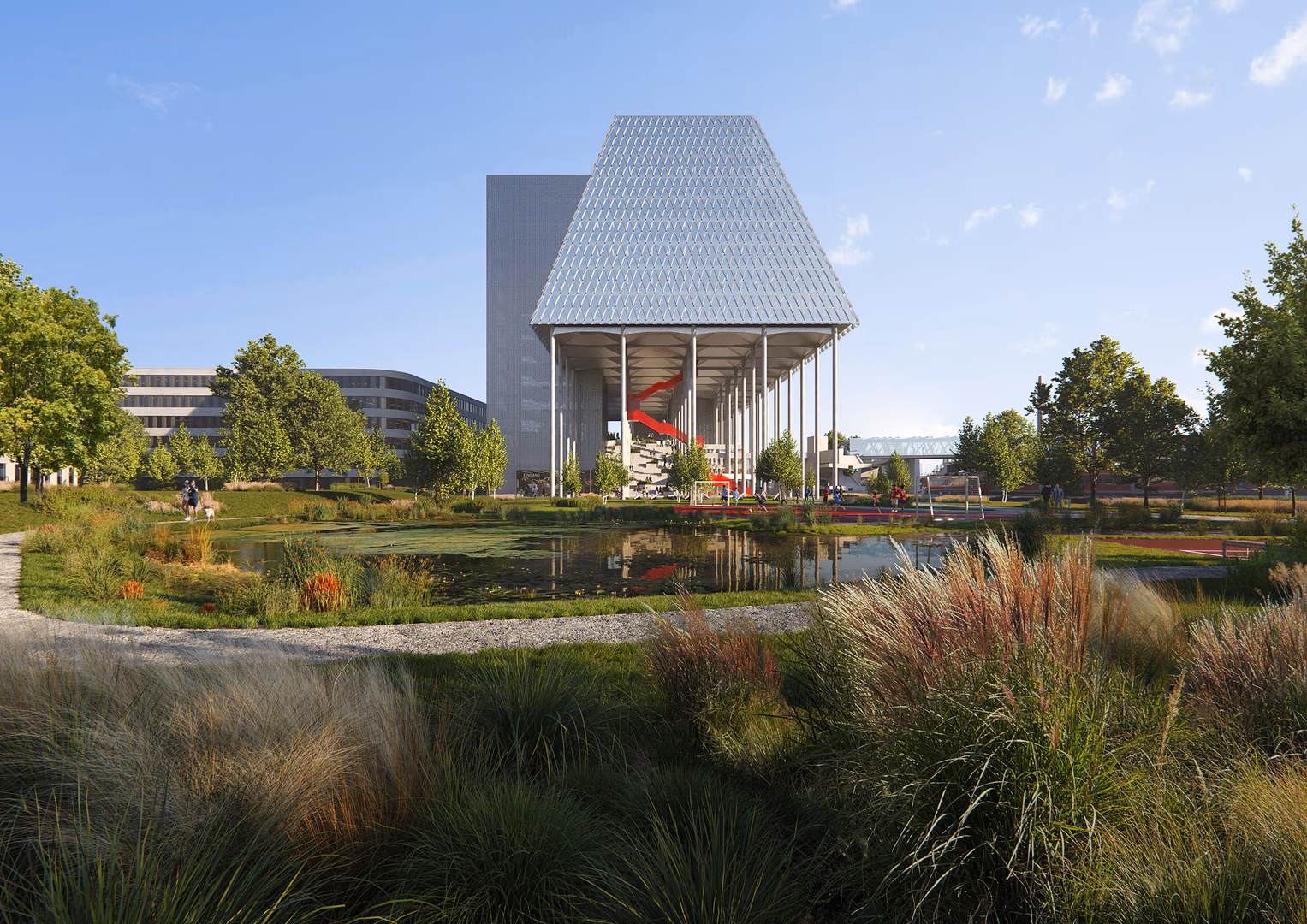 3D architectural visualization by HISM of the UniCredit Headquarters campus in Munich by OMA, showcasing a pyramidal glass roof, open public plaza, and landscaped integration — created for architects of contemporary office developments.

