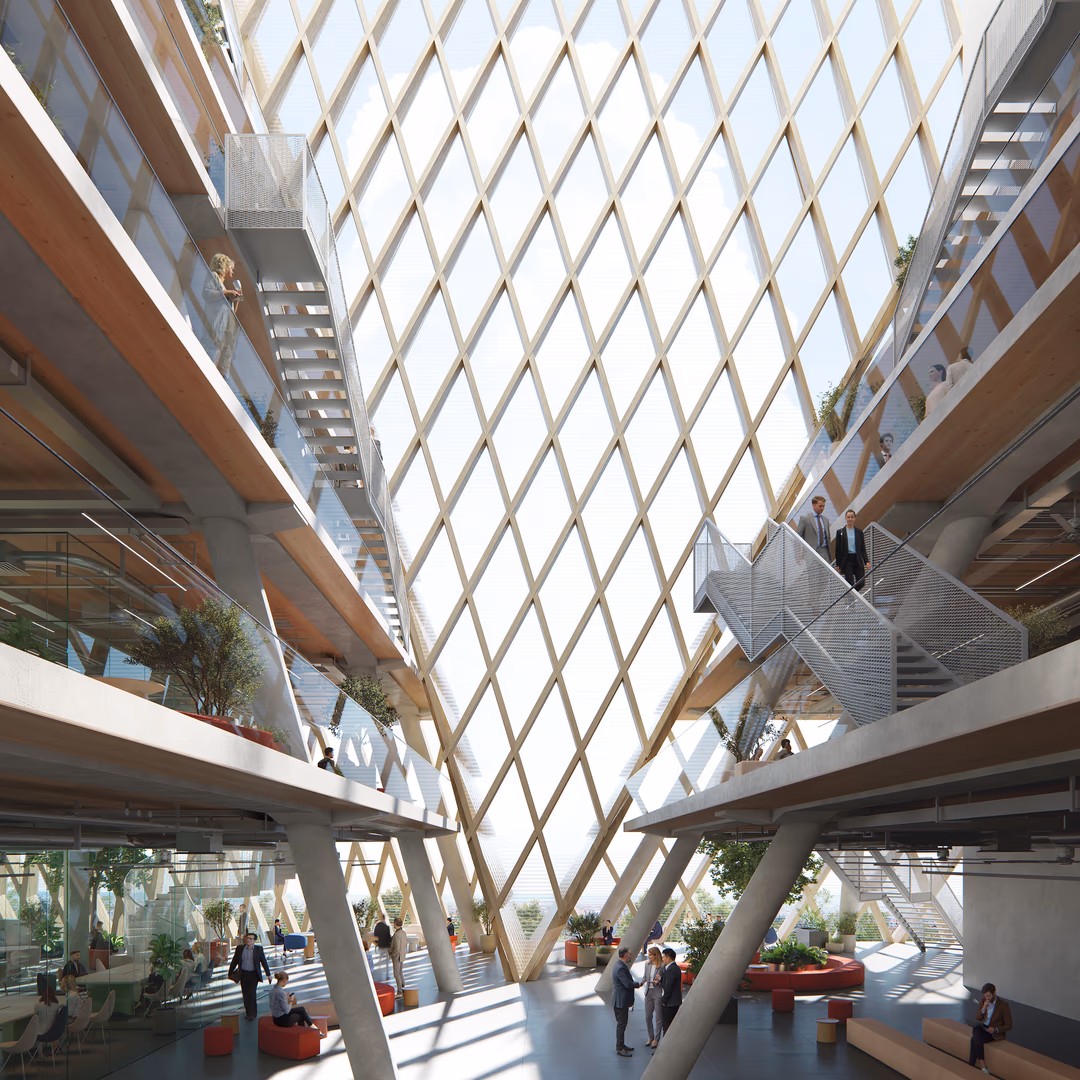 Interior 3D architectural visualization by HISM of UniCredit Headquarters in Munich by OMA, featuring a grand atrium with diamond glass façade and open collaborative office spaces — created for innovative corporate architecture projects.