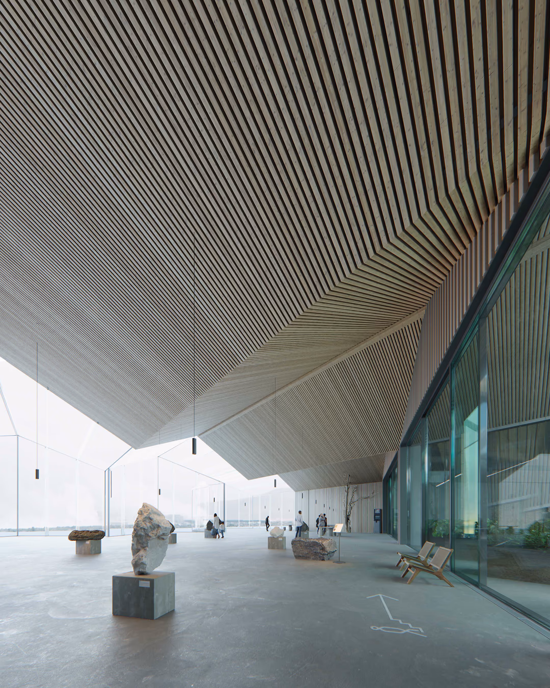 Architectural visualization of a restaurant in Iceland, designed by Kiril Sledz. The space features a dramatic wooden slatted ceiling with an angular design that seamlessly integrates with the natural landscape. Large glass façades connect the interior with the surrounding environment, while sculptural stone elements enhance the organic atmosphere. A high-end render showcasing modern Nordic architecture and sustainable materiality.