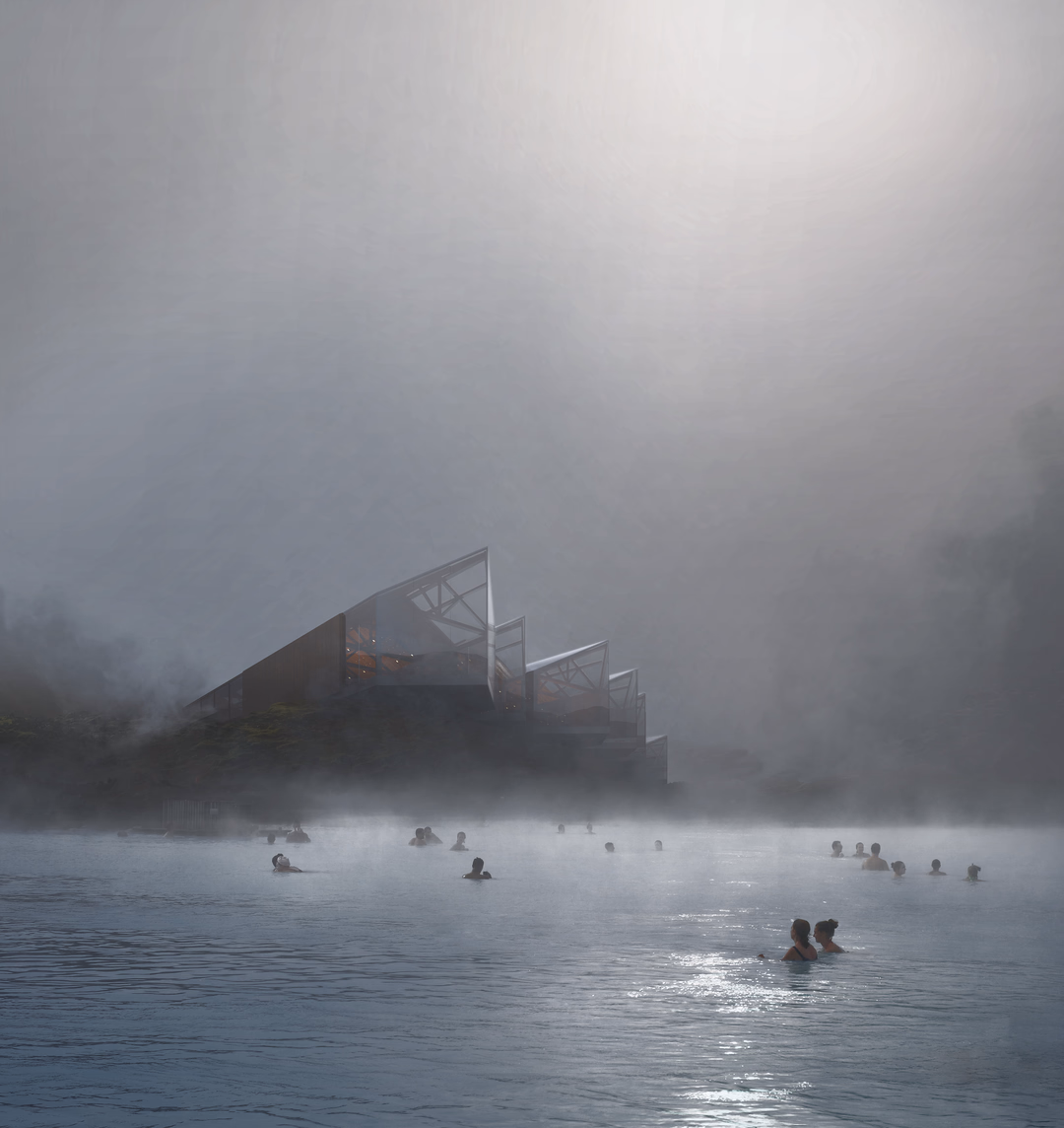 Atmospheric 3D architectural visualization by HISM of a geothermal restaurant in Iceland by Kiril Sledz, showcasing angular modern design integrated with natural hot springs — tailored for hospitality architects and immersive dining concepts.