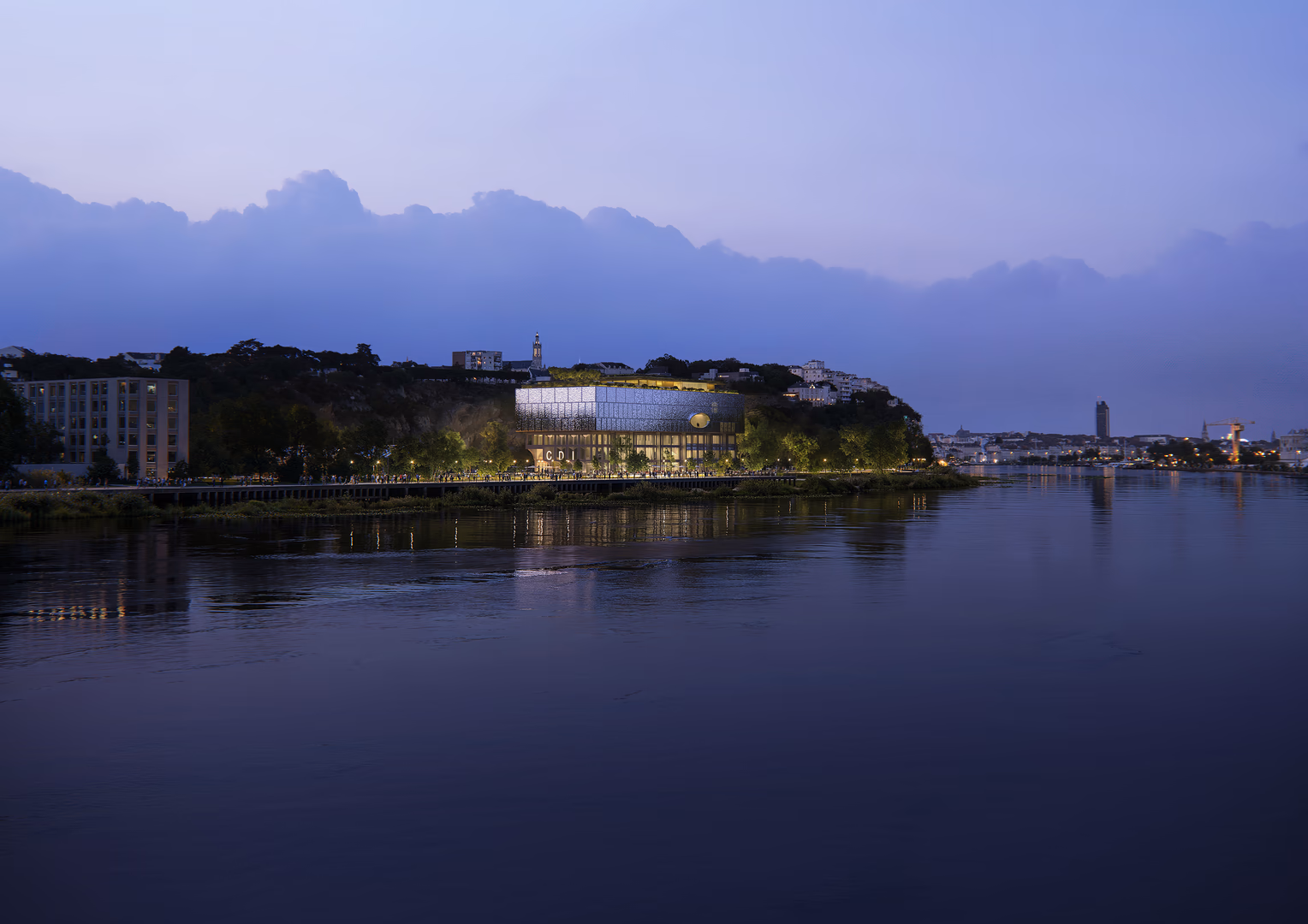 Evening 3D architectural visualization by HISM of the Jules Verne Museum in France by Neutelings Riedijk, depicting a modern riverside cultural landmark designed for public and museum architecture projects.