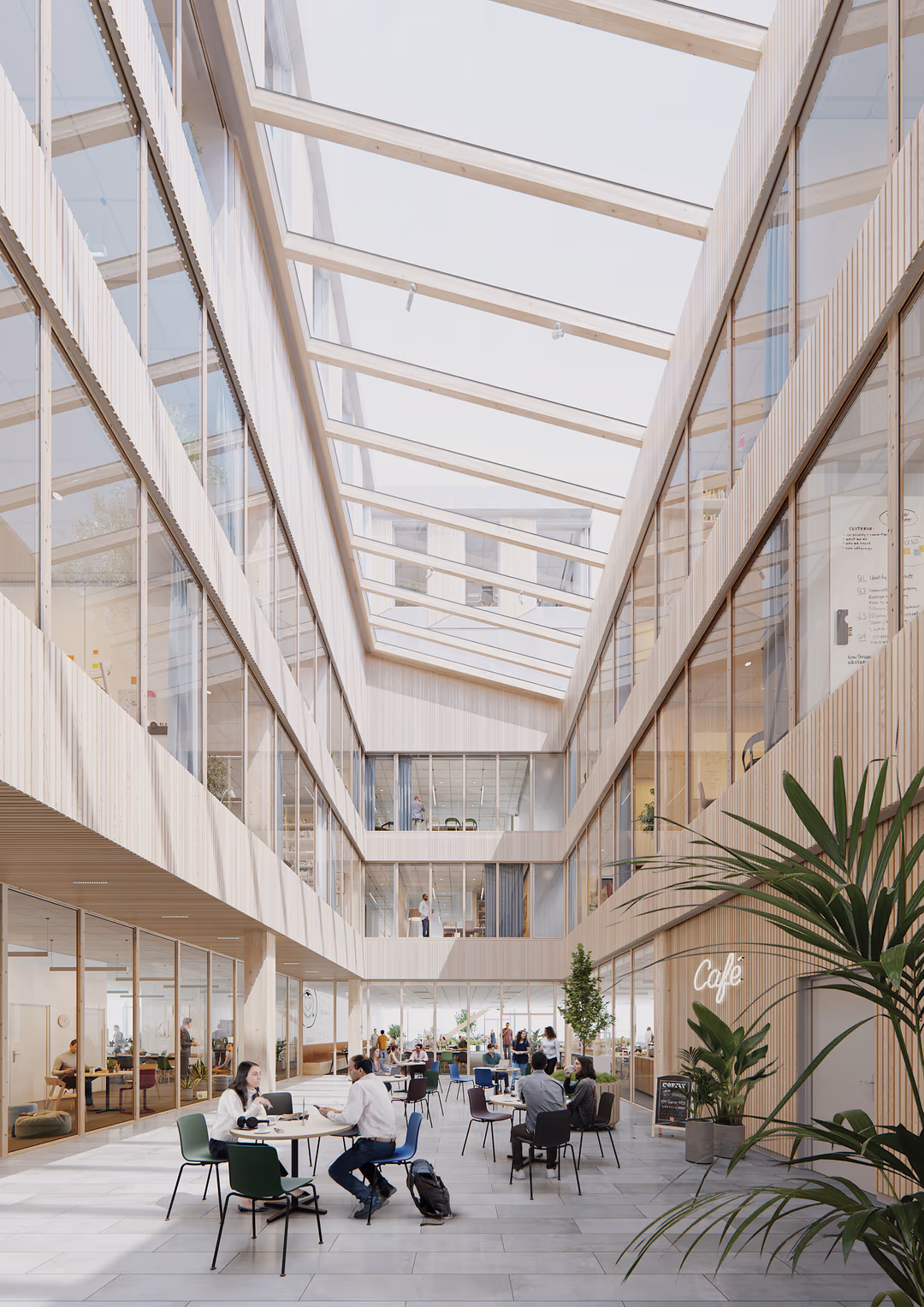 Interior 3D architectural visualization by HISM of Trondheim Central Station by Arkitema, featuring a light-filled atrium, wooden details, and public seating — created for sustainable transit development and human-centered transport architecture.