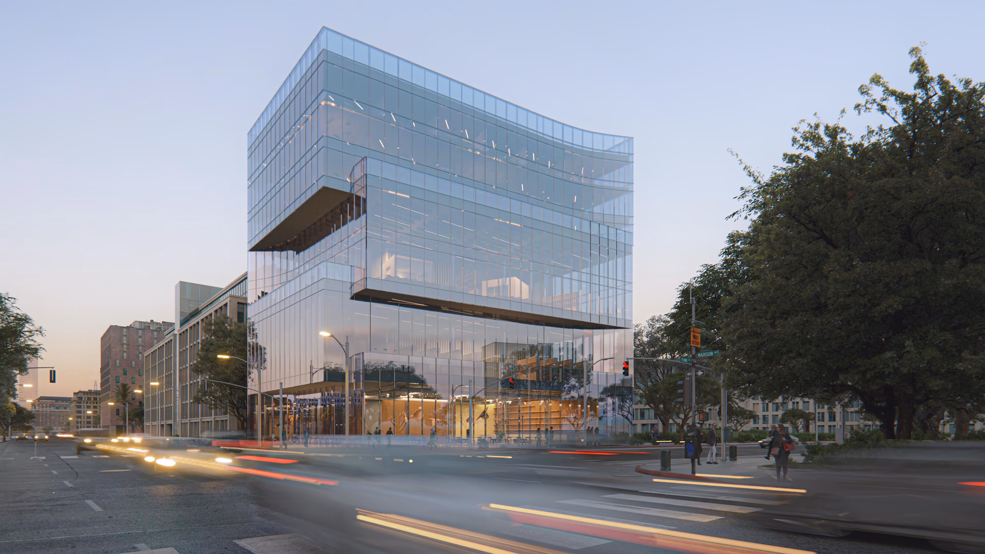Photorealistic 3D architectural visualization by HISM of a modern office building in the USA, showcasing glass façade, cantilevered forms, and urban context for commercial real estate developers.