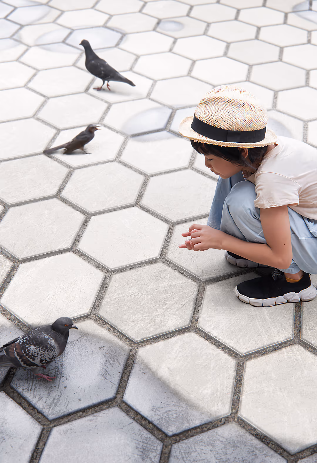 Detailed 3D visualization by HISM of ASAK paving design by Snøhetta, featuring hexagonal concrete tiles and human interaction in an urban public space — crafted for architects and urban designers.