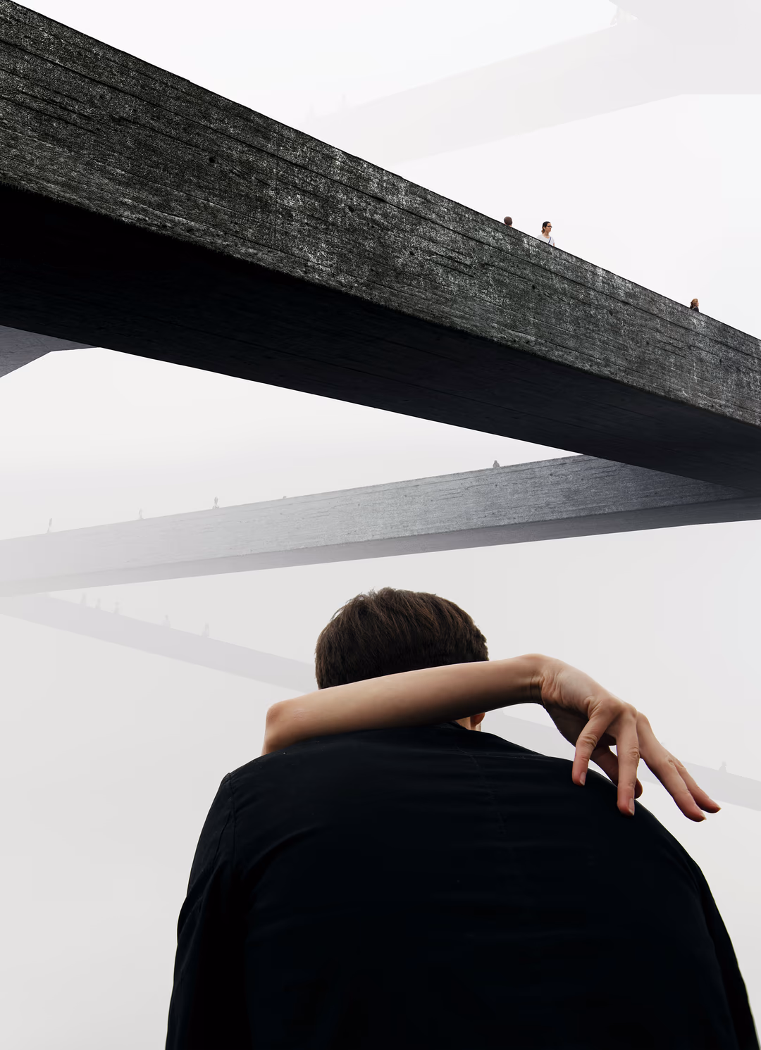 Photorealistic 3D visualization of a minimalist observation deck in China with elevated walkways in fog, designed for architects and developers of public experiential spaces.