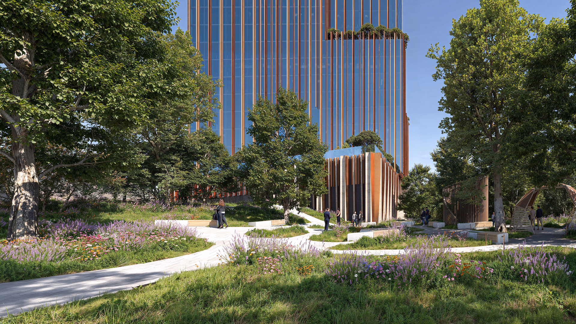 Photorealistic 3D rendering of a contemporary high-rise building with vertical facade elements, surrounded by landscaped green spaces, flowering plants, and walking paths; the visualization highlights sustainable architecture, urban integration, and exterior CGI design.