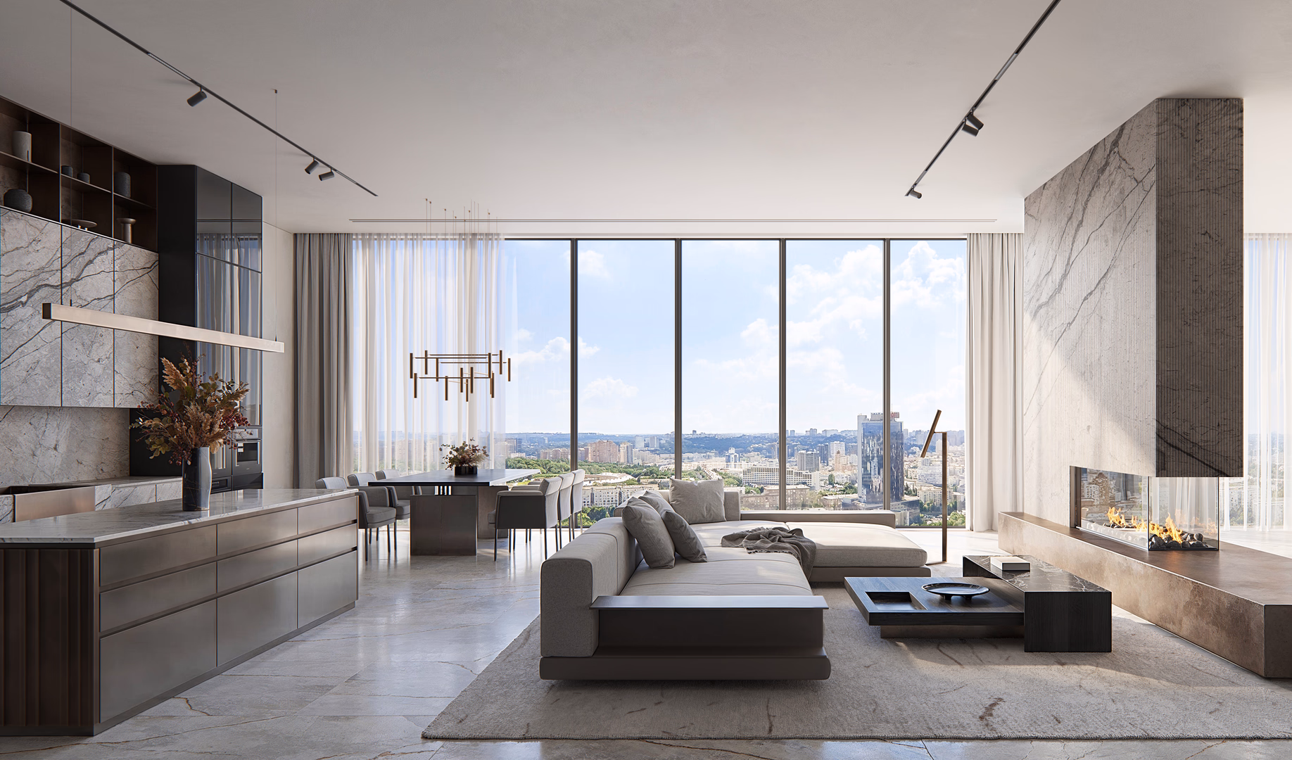 Photorealistic 3D interior rendering of a high-end apartment featuring an open-plan living room, modern kitchen, marble finishes, and a sleek fireplace; large floor-to-ceiling windows reveal a panoramic cityscape, highlighting premium architectural visualization and contemporary luxury design.