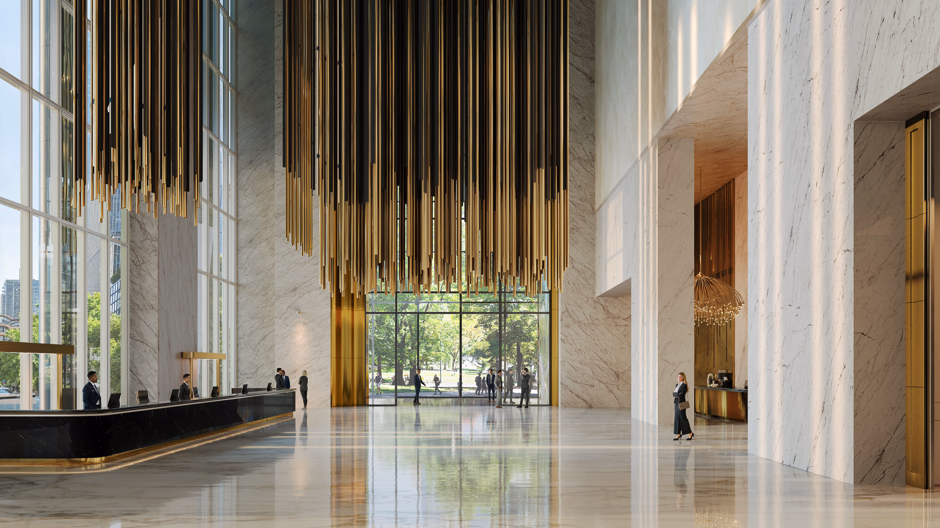 Photorealistic architectural visualization of a luxury hotel lobby featuring marble walls, golden chandelier installation, modern reception desk, and natural daylight through tall glass windows — CGI rendering by HISM Studio