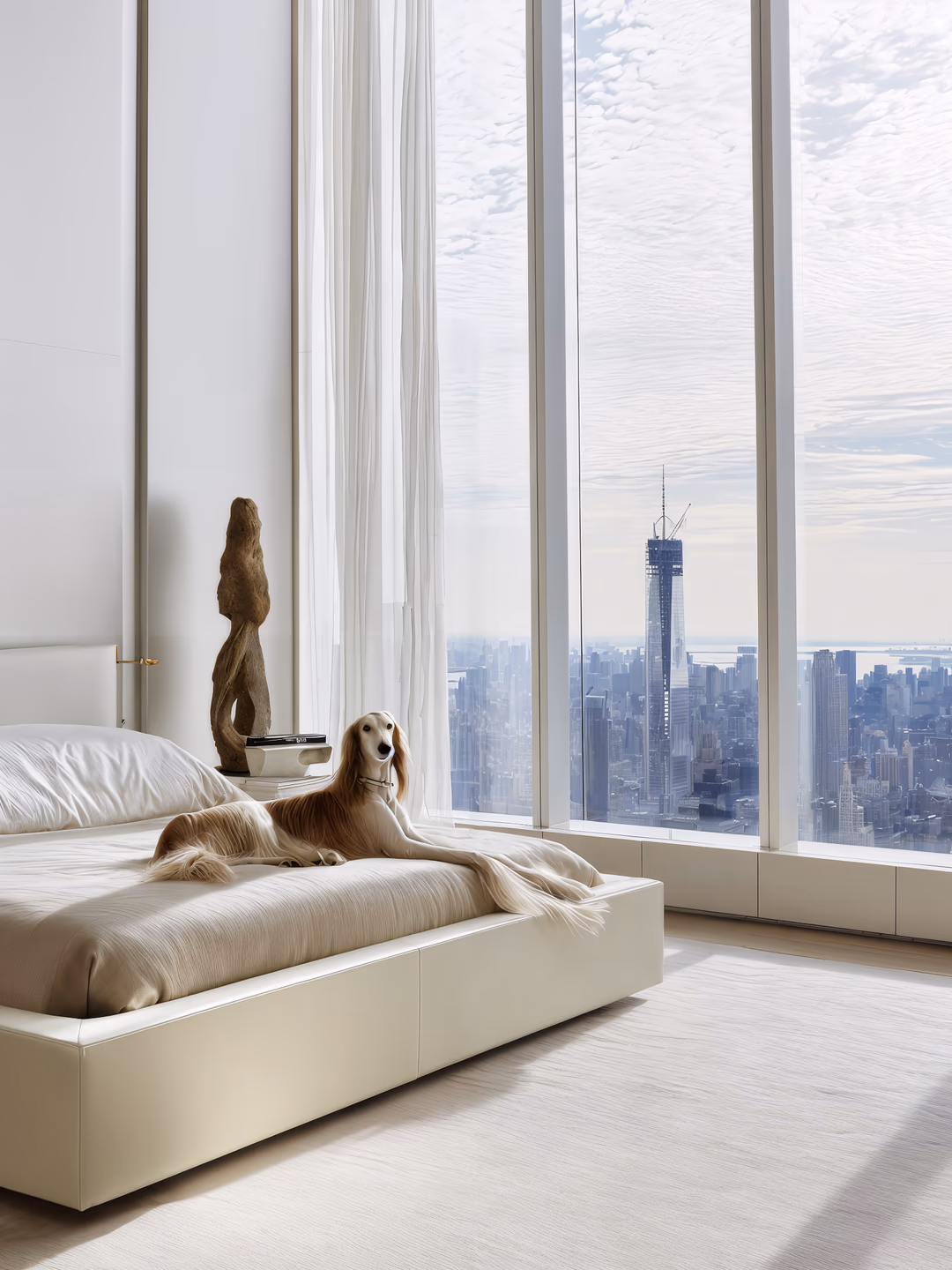 High-end architectural visualization of a luxury bedroom interior featuring minimalist design, floor-to-ceiling windows, elegant sculpture decor, and panoramic view of New York City skyline — photorealistic CGI by HISM Studio