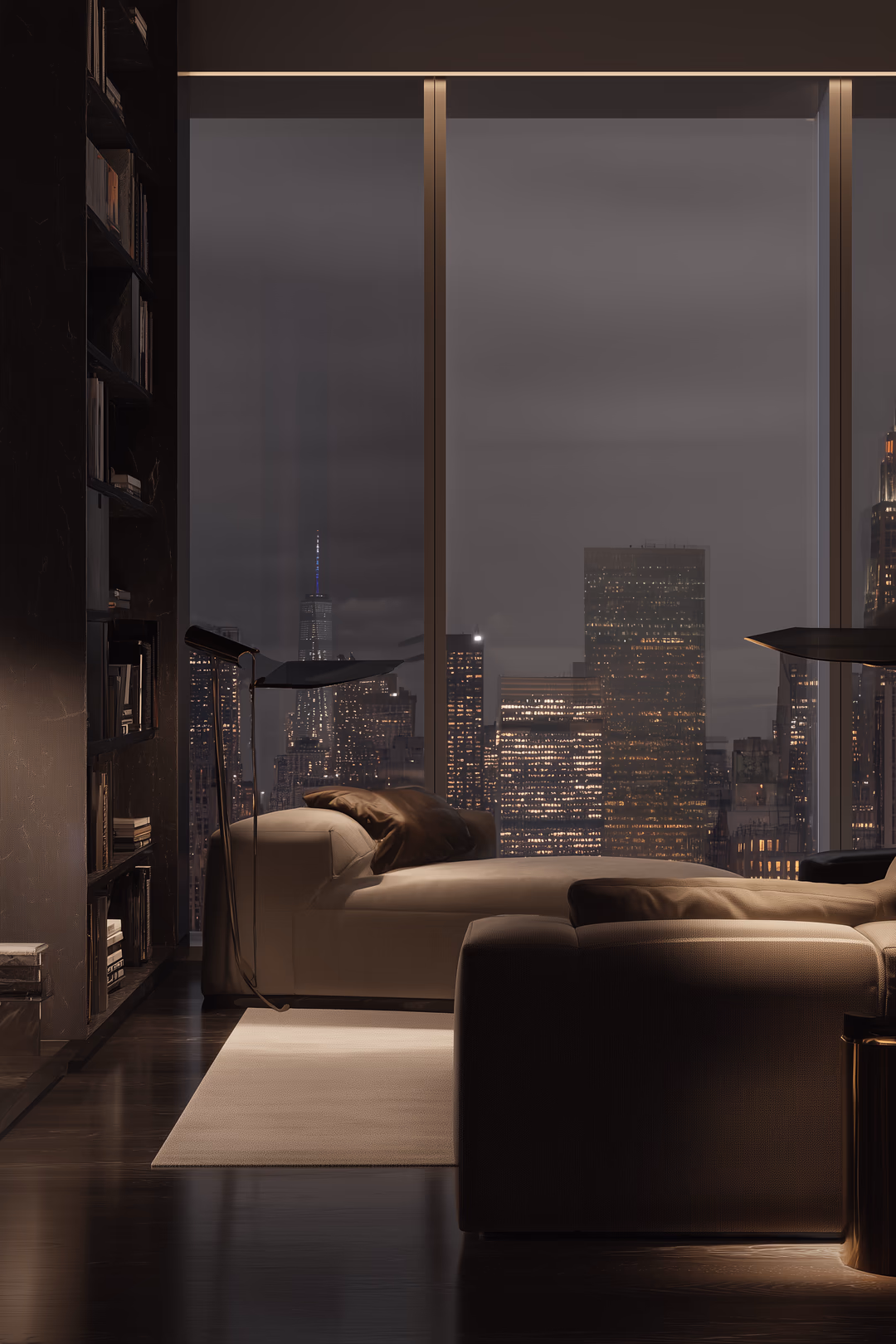High-end architectural visualization of a modern luxury apartment interior featuring elegant furniture, floor-to-ceiling windows, and a stunning night view of the New York City skyline — photorealistic CGI by HISM Studio