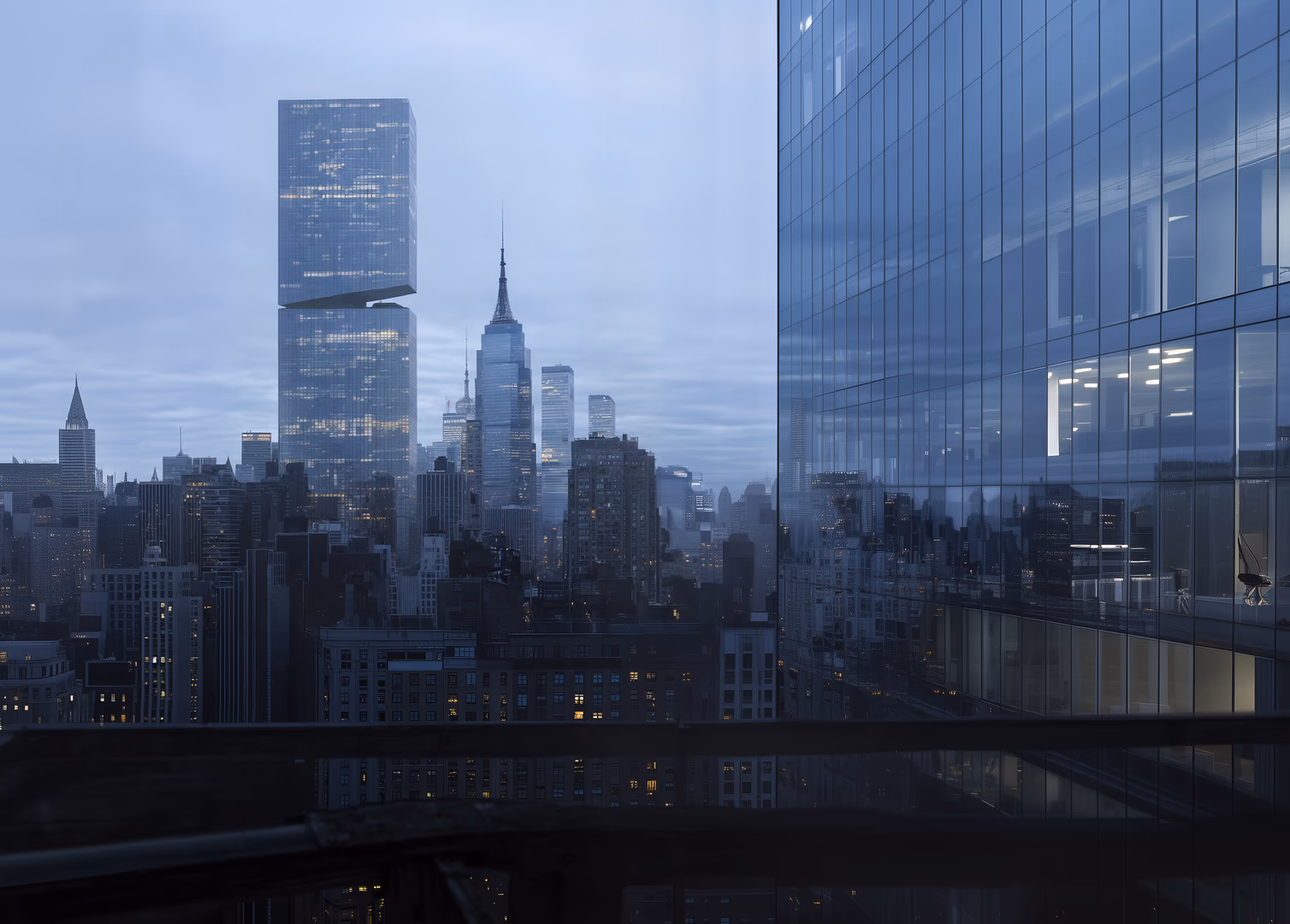 Photorealistic architectural visualization of the New York City skyline at dusk, featuring the Empire State Building, contemporary skyscrapers, and reflective glass facades — CGI rendering by HISM Studio