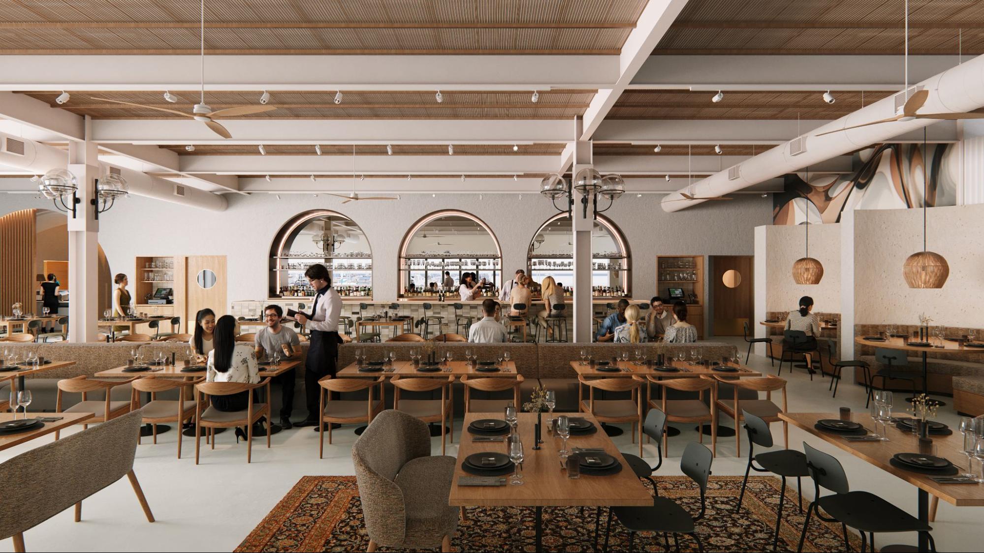 Photorealistic premium architectural visualization of a modern restaurant interior with natural materials, warm atmosphere, and detailed 3D rendering by HISM studio.