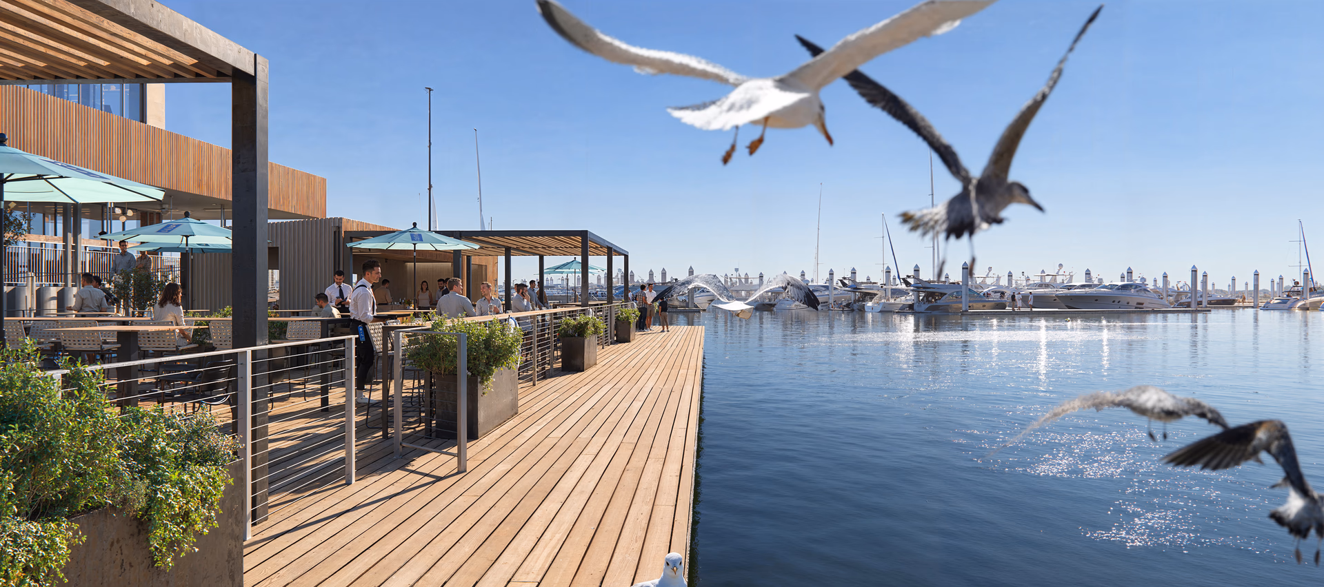 High-end architectural visualization of a modern waterfront restaurant terrace with wooden decking, outdoor seating, seagulls in flight, and luxury yachts at the marina, created by HISM studio.