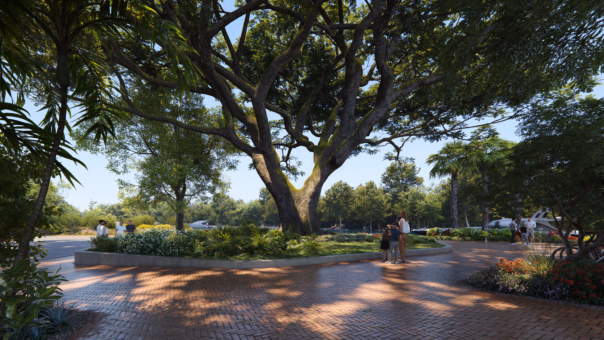 High-end architectural visualization of a landscaped park with a massive tree, detailed paving, lush greenery, and people enjoying the outdoor space, created by HISM studio.
