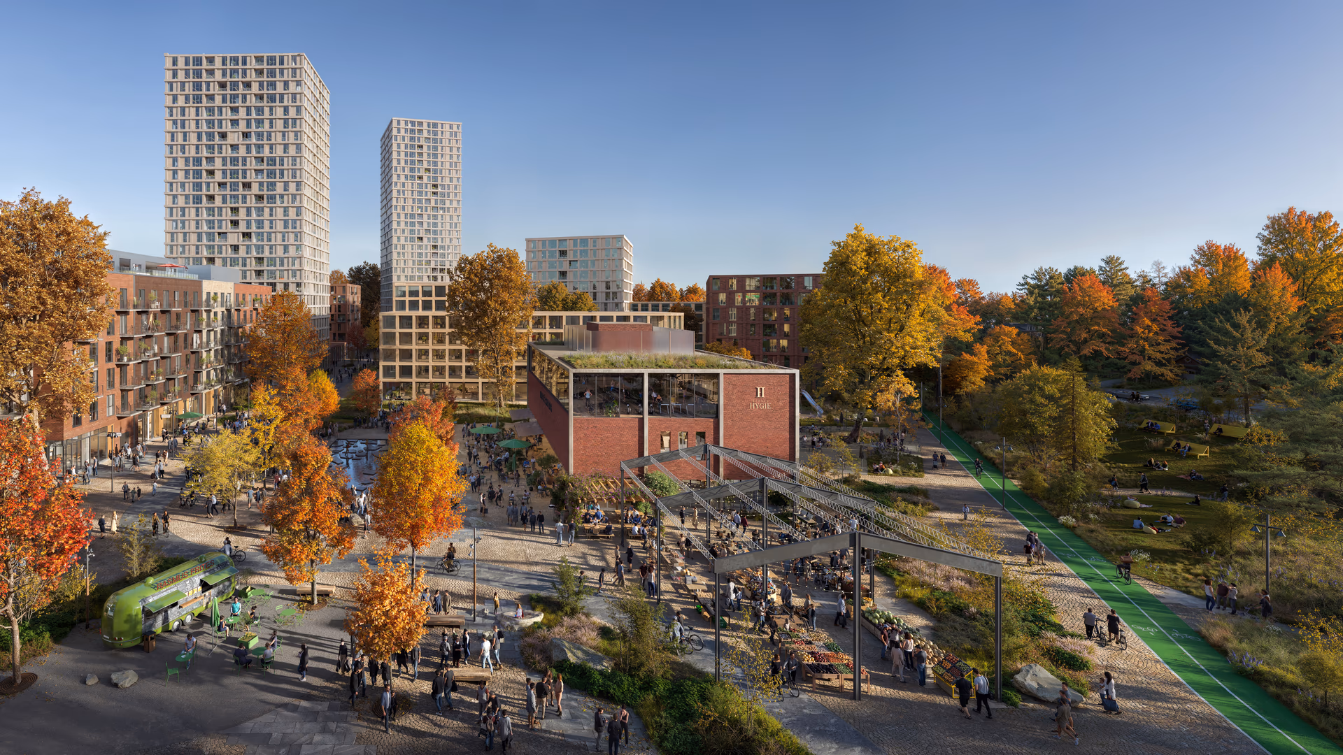 High-end architectural visualization of a contemporary urban development featuring residential towers, a central plaza with people, landscaped greenery, and autumn trees, created by HISM studio.