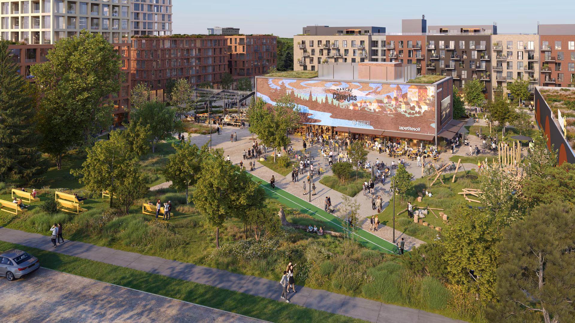 High-end architectural visualization of a lively urban public square with outdoor cafés, mural façade, landscaped greenery, and surrounding mixed-use residential buildings, created by HISM studio.