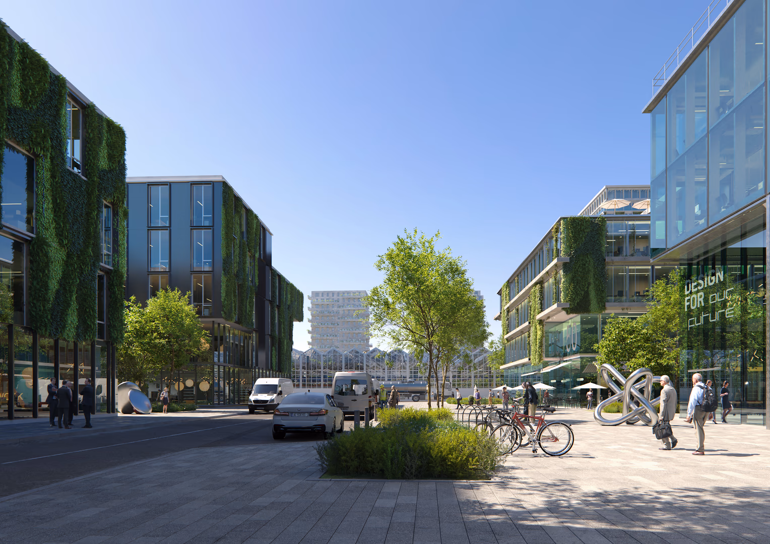 High-end architectural visualization of a modern Dutch business district with green façades, glass offices, public square, and pedestrian-friendly design, created by HISM studio.