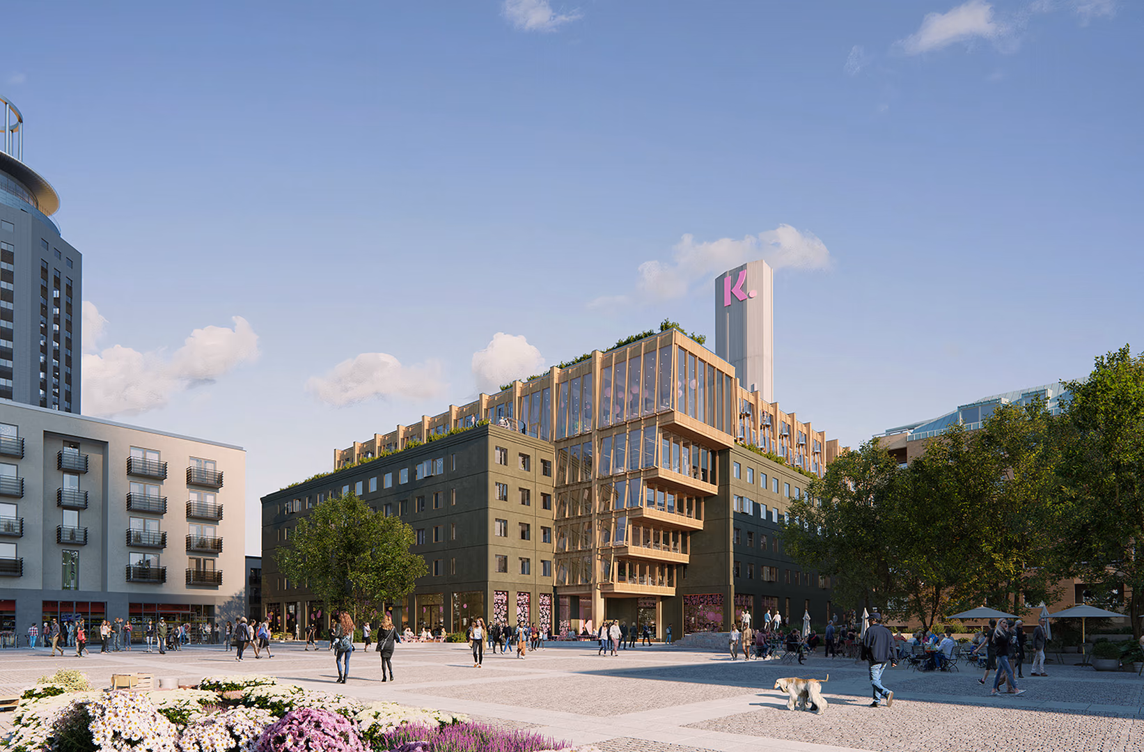 High-end architectural visualization of a mixed-use building with contemporary glass façade, rooftop greenery, and vibrant public square with people and urban activity, created by HISM studio.