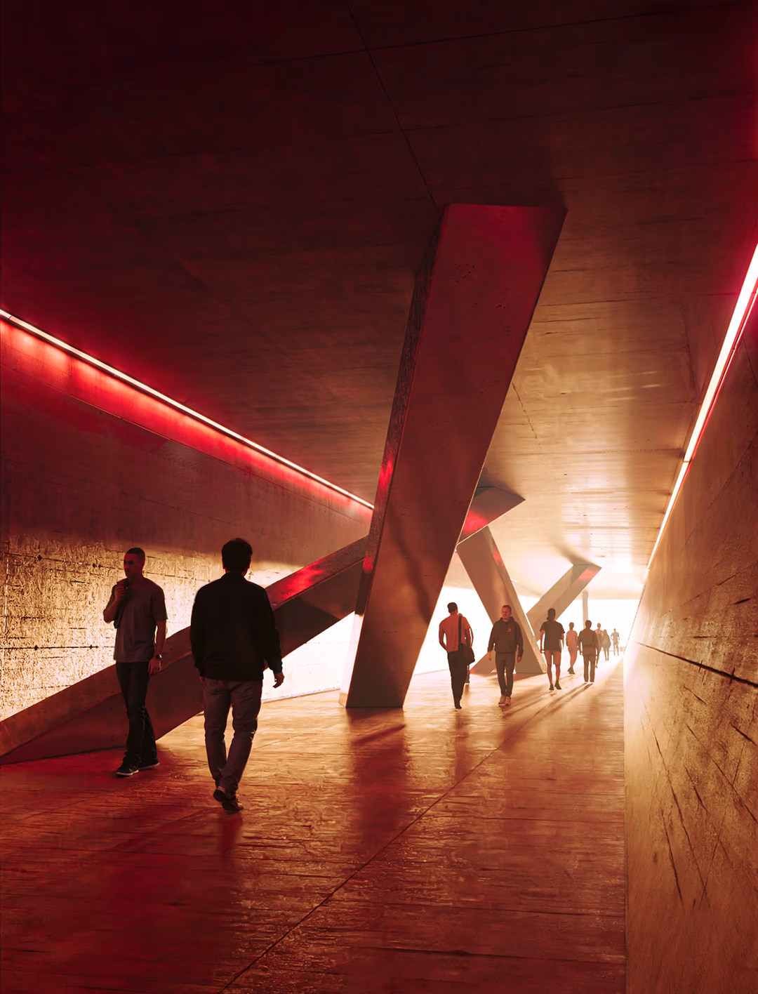 Photorealistic architectural visualization of a futuristic concrete tunnel with striking red light accents, angular structural beams, and silhouettes of people walking toward a bright opening, designed and visualized by HISM studio.