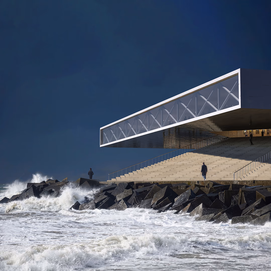 High-end architectural visualization of a striking modern cultural building on the seafront, with cantilevered glass volume, monumental staircase, and crashing ocean waves, created by HISM studio.