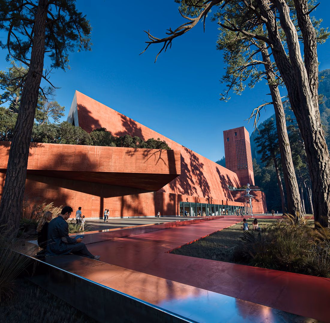 Photorealistic architectural visualization of a bold red concrete cultural building integrated into a forest landscape, featuring dramatic angular volumes, tower elements, reflective pathways, and people enjoying the public space, created by HISM studio.