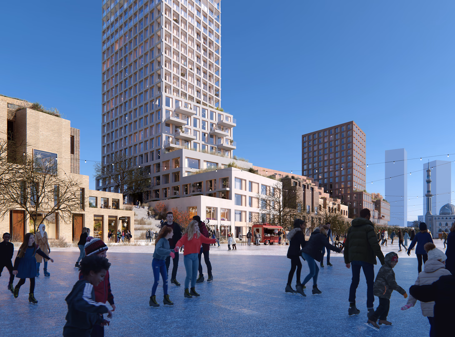 Photorealistic architectural visualization of a modern urban square with high-rise residential towers, contemporary architecture, and people skating on an ice rink, showcasing vibrant public life — CGI rendering by HISM Studio