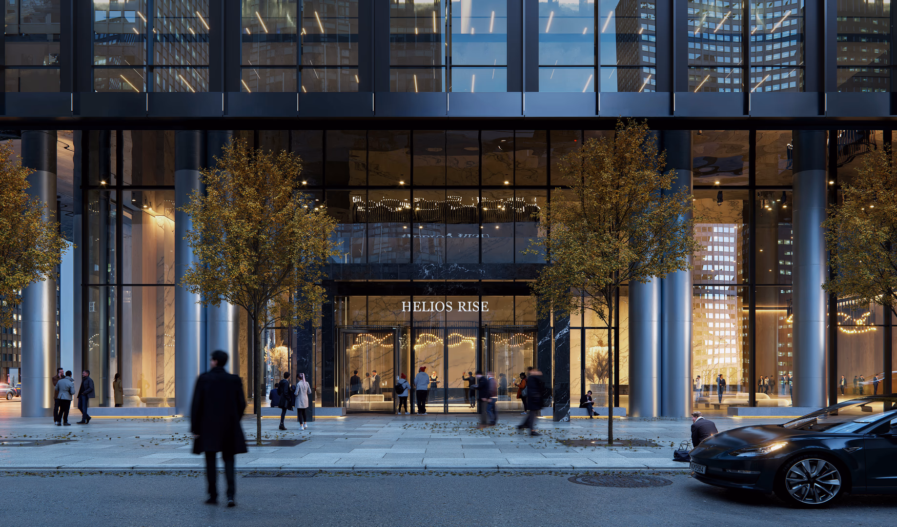 Photorealistic architectural visualization of a modern skyscraper entrance with tall glass facade, illuminated lobby, street trees, and people walking in an urban evening setting — CGI rendering by HISM Studio