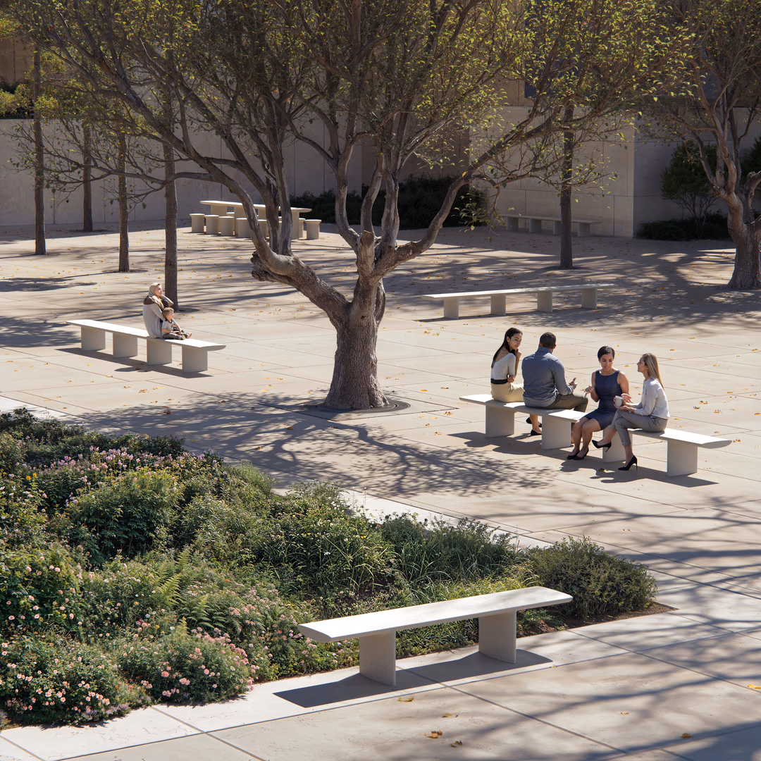 Photorealistic architectural visualization of an urban public plaza with minimalist stone benches, natural landscaping, and people interacting under trees — CGI rendering by HISM Studio