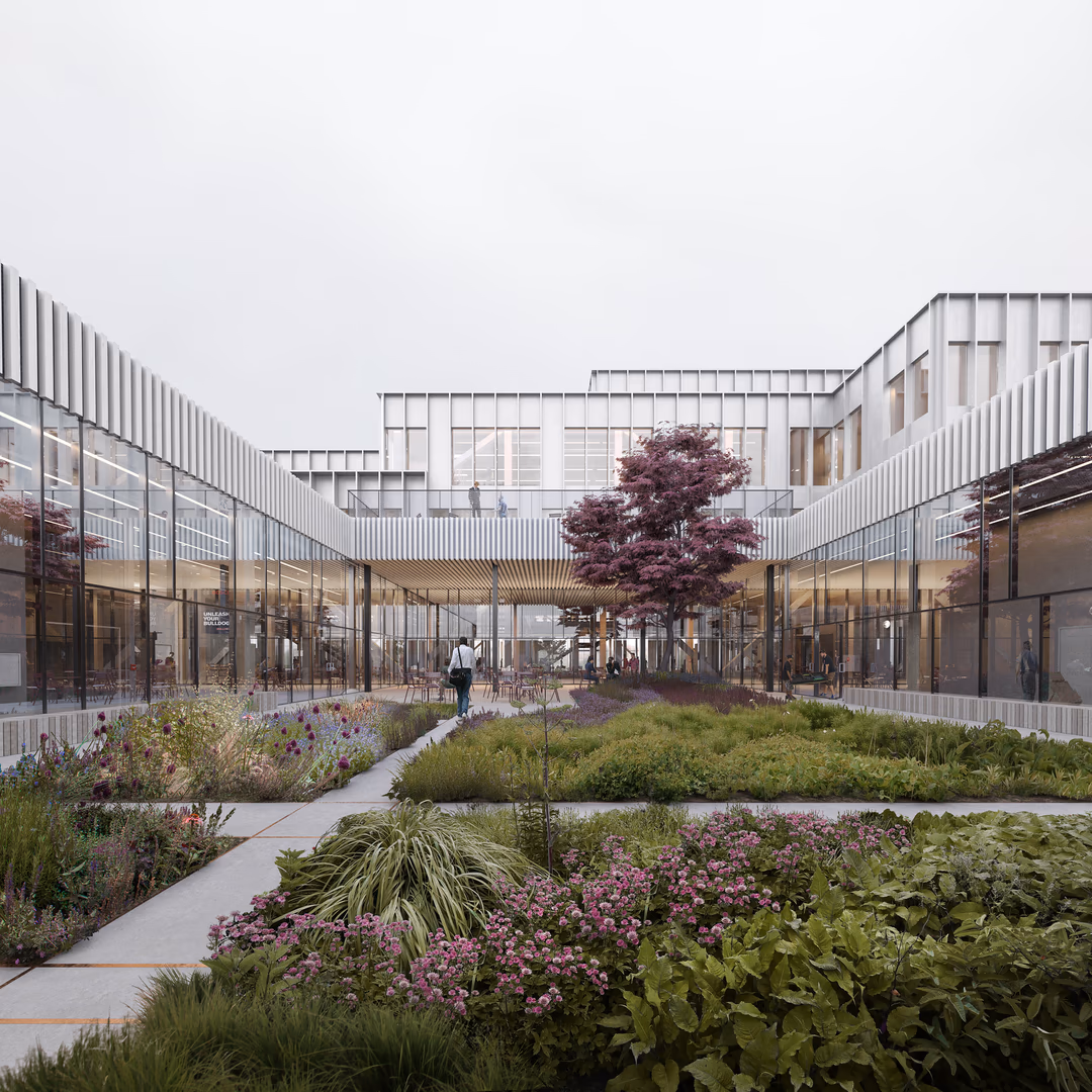 Photorealistic 3D architectural rendering of a modern office complex featuring a landscaped courtyard with lush greenery, flowering plants, and a central tree with purple foliage; the glass façade reflects natural light, emphasizing sustainable design and the integration of architecture with nature.