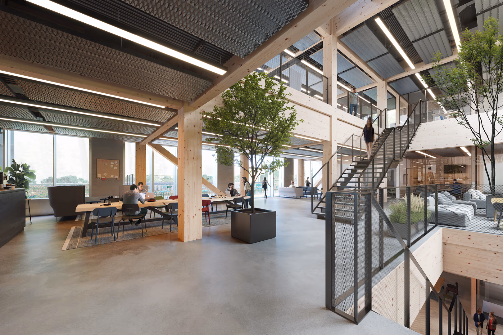 High-quality 3D interior rendering of a contemporary office space with exposed timber structure, open-plan layout, and natural lighting; features include collaborative work areas, indoor greenery, and industrial-style details, showcasing sustainable and human-centered workplace design.