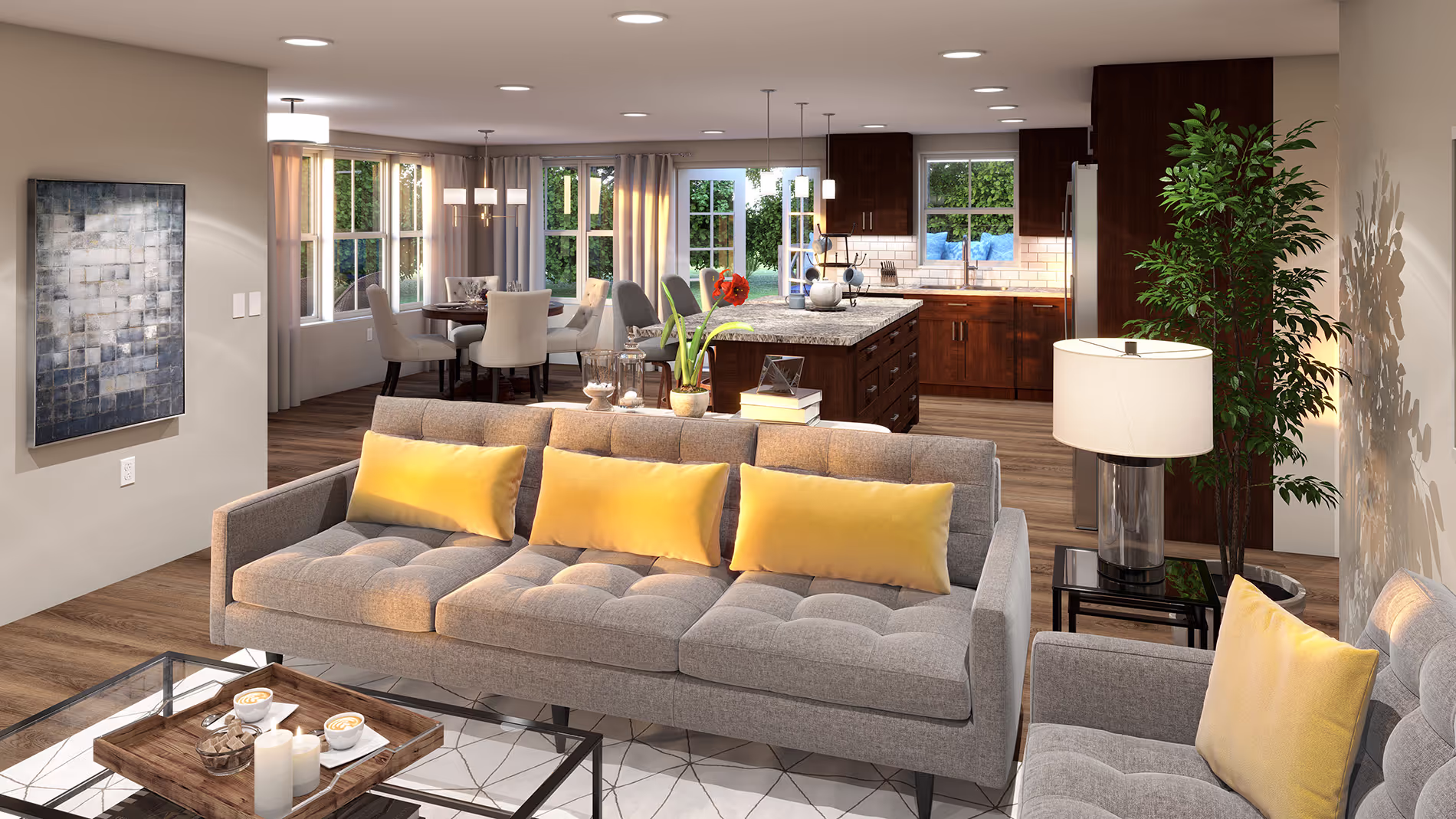 Modern living room with a gray sofa, yellow cushions, and a view into a dining area.