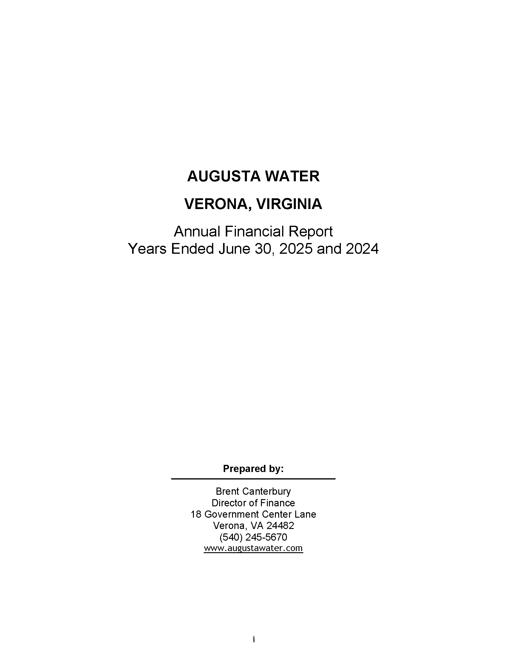 Cover page from Augusta Water Annual Comprehensive Financial Report.