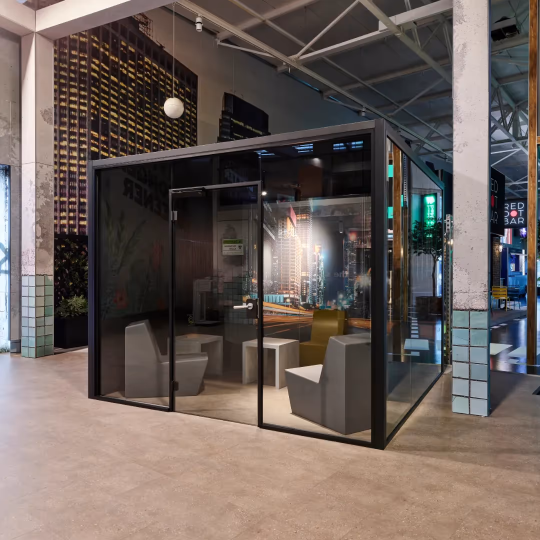 Front view of C-MEET 01 acoustic meeting room.