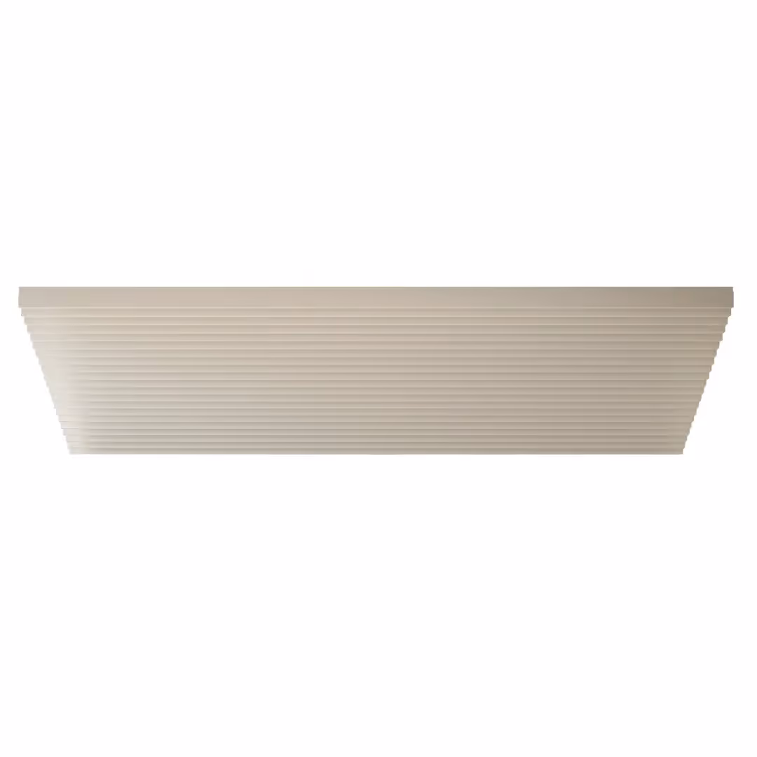 Straight acoustic ceiling panel enhancing room acoustics.