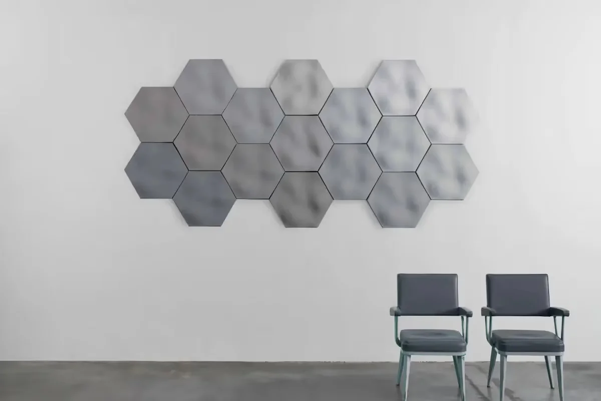 Mogu Wave acoustic panels in flexible hexagonal modular wall composition arrangement