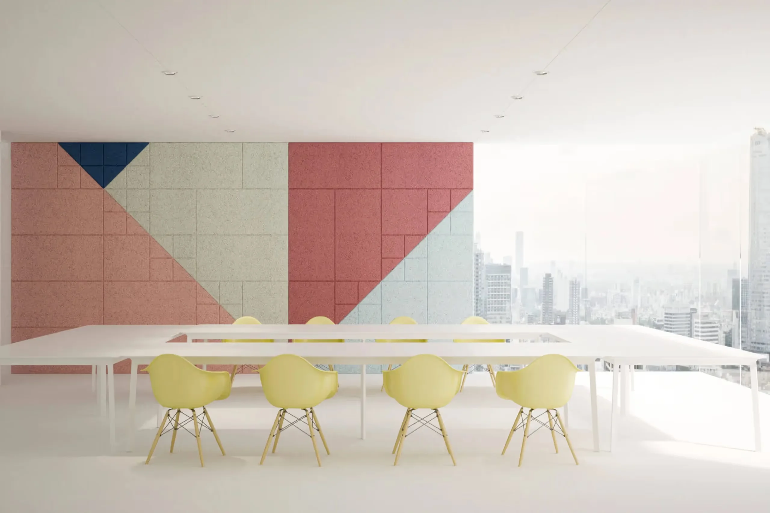 BAUX Square Wood Wool tegels geïnstalleerd in diverse patronen op wand en plafond