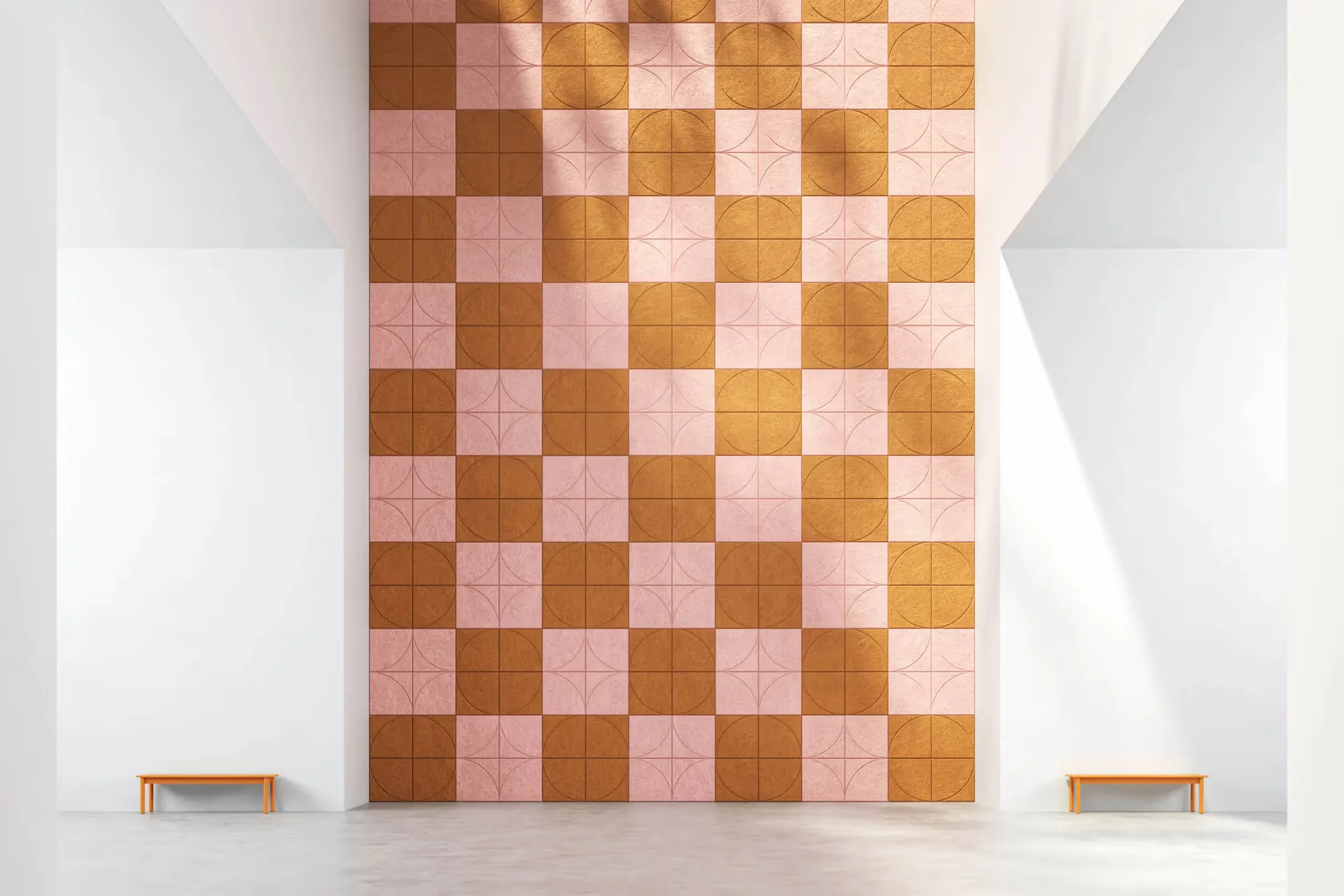BAUX quarter circle wood wool acoustic tile shown in multiple colour options from extensive 39-colour palette