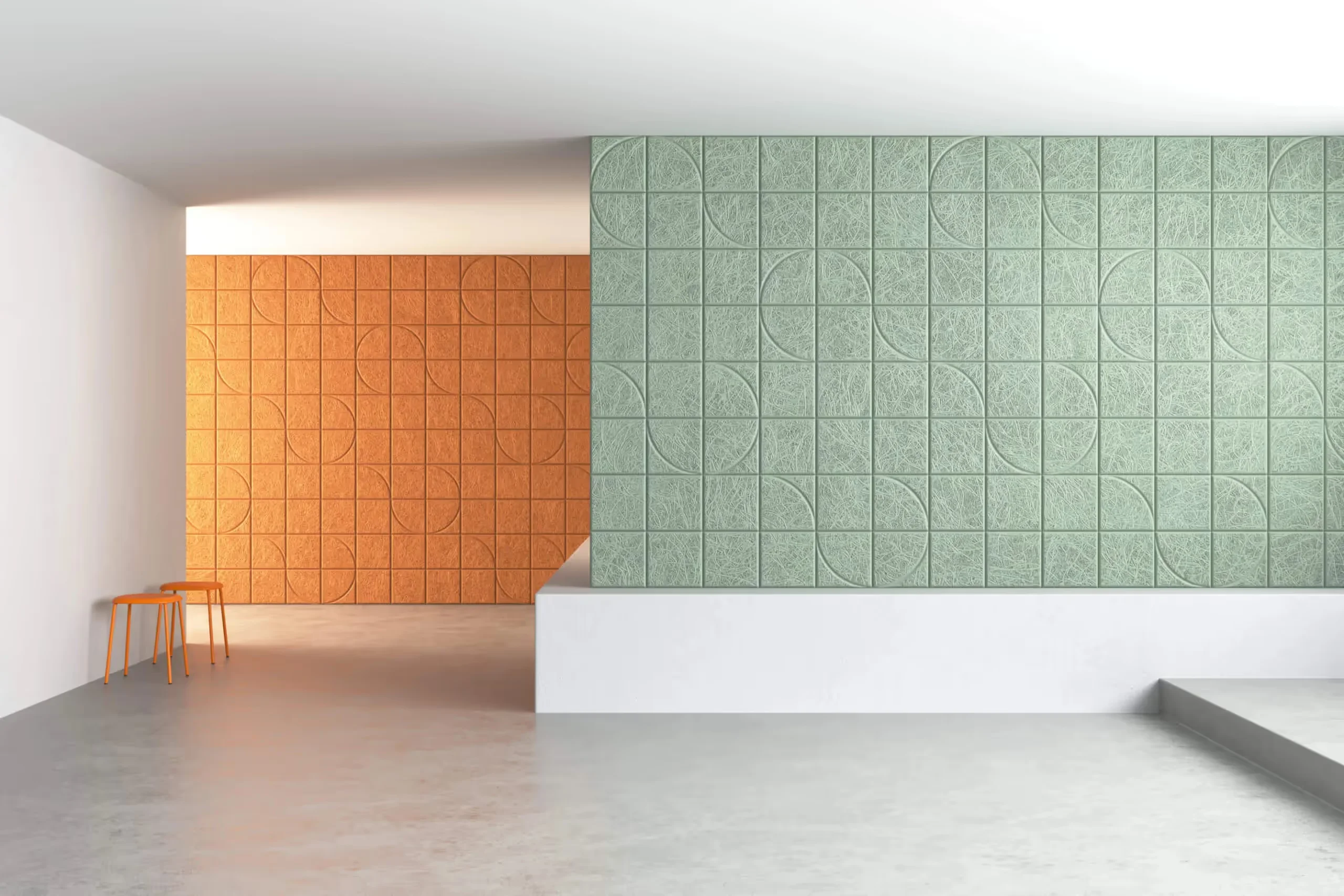 BAUX acoustic wood wool quarter circle tile arranged in curved petal pattern on office wall by Akoesta