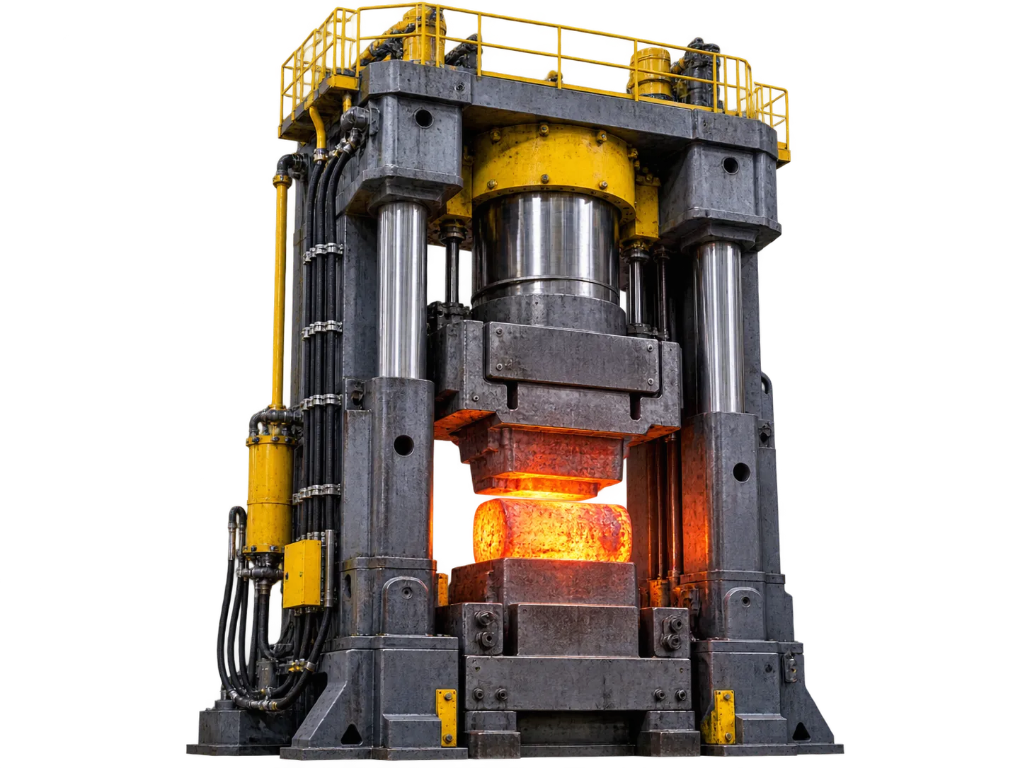 Hydraulic forging press in a hot manufacturing environment